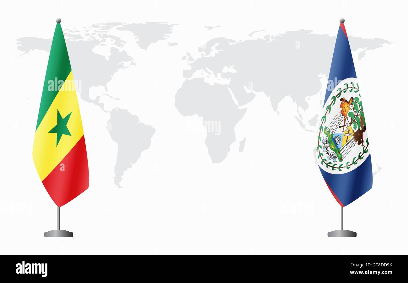 Drapeaux du Sénégal et du Belize pour la réunion officielle sur fond de carte du monde. Illustration de Vecteur