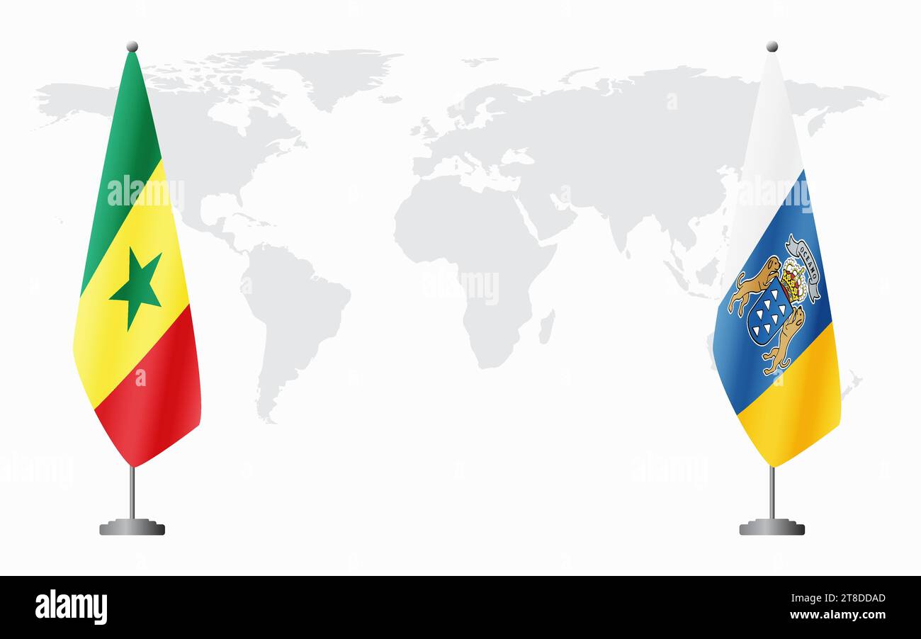 Drapeaux du Sénégal et des îles Canaries pour réunion officielle sur fond de carte du monde. Illustration de Vecteur