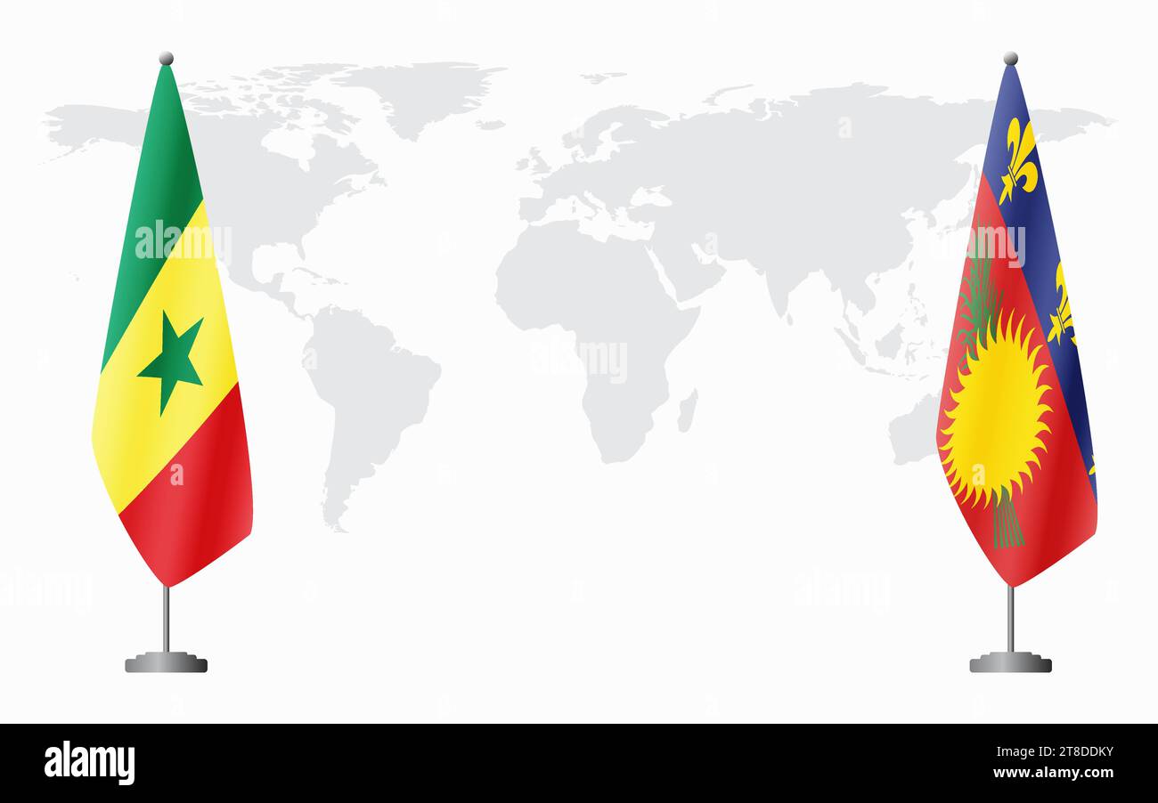 Drapeaux du Sénégal et de la Guadeloupe pour réunion officielle sur fond de carte du monde. Illustration de Vecteur