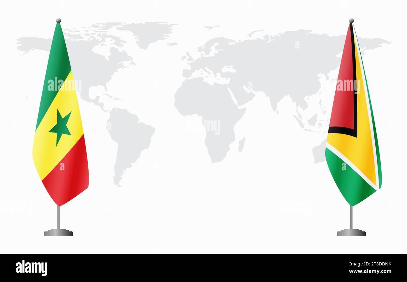 Drapeaux du Sénégal et de la Guyane pour la réunion officielle sur fond de carte du monde. Illustration de Vecteur