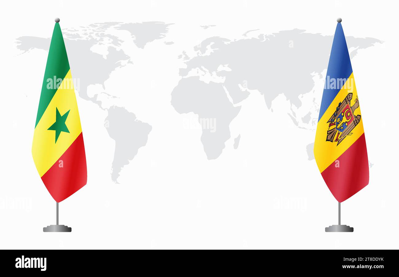 Drapeaux du Sénégal et de la Moldavie pour la réunion officielle sur fond de carte du monde. Illustration de Vecteur