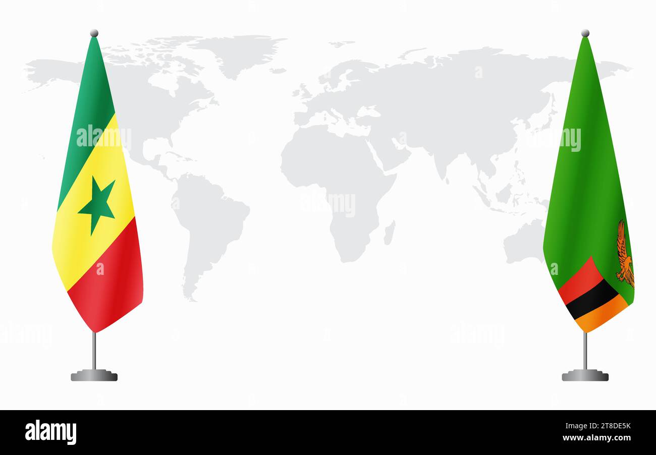 Drapeaux du Sénégal et de la Zambie pour la réunion officielle sur fond de carte du monde. Illustration de Vecteur