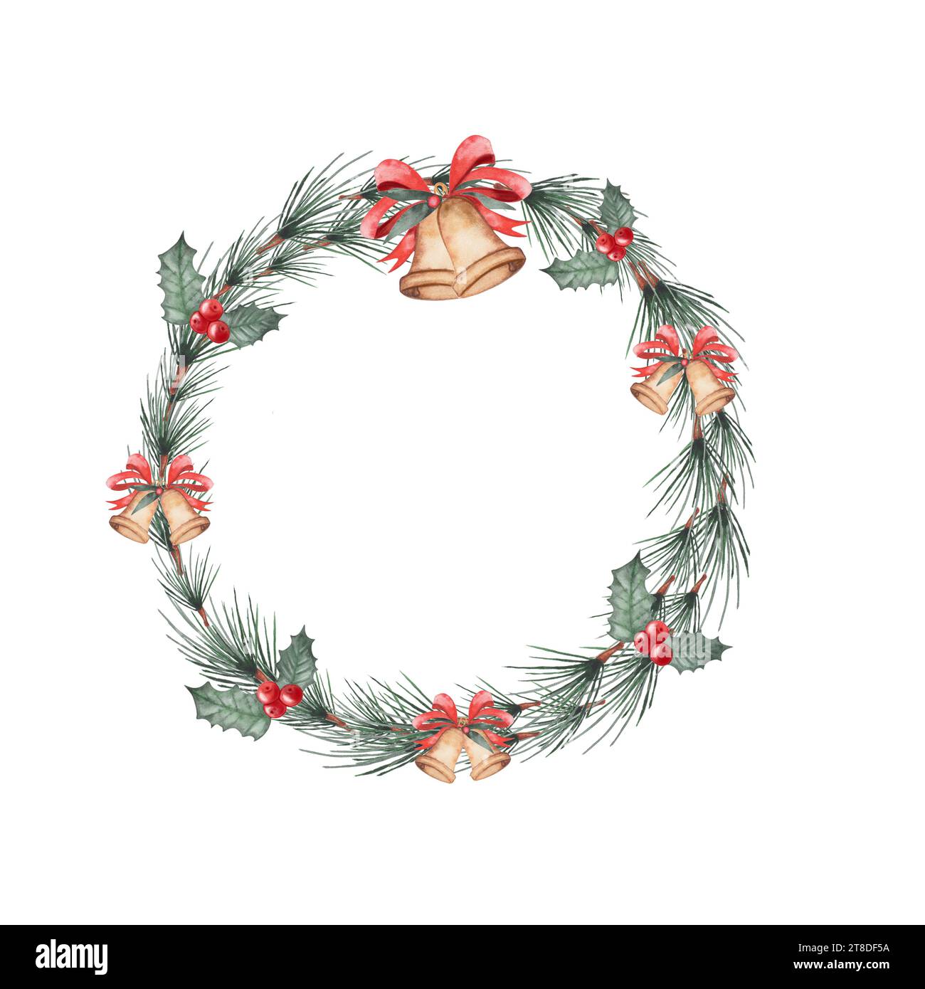 Cadre rond aquarelle de sapin, houx et cloches. Sapin de couronne de Noël pour la décoration des cartes de vacances et des invitations Banque D'Images