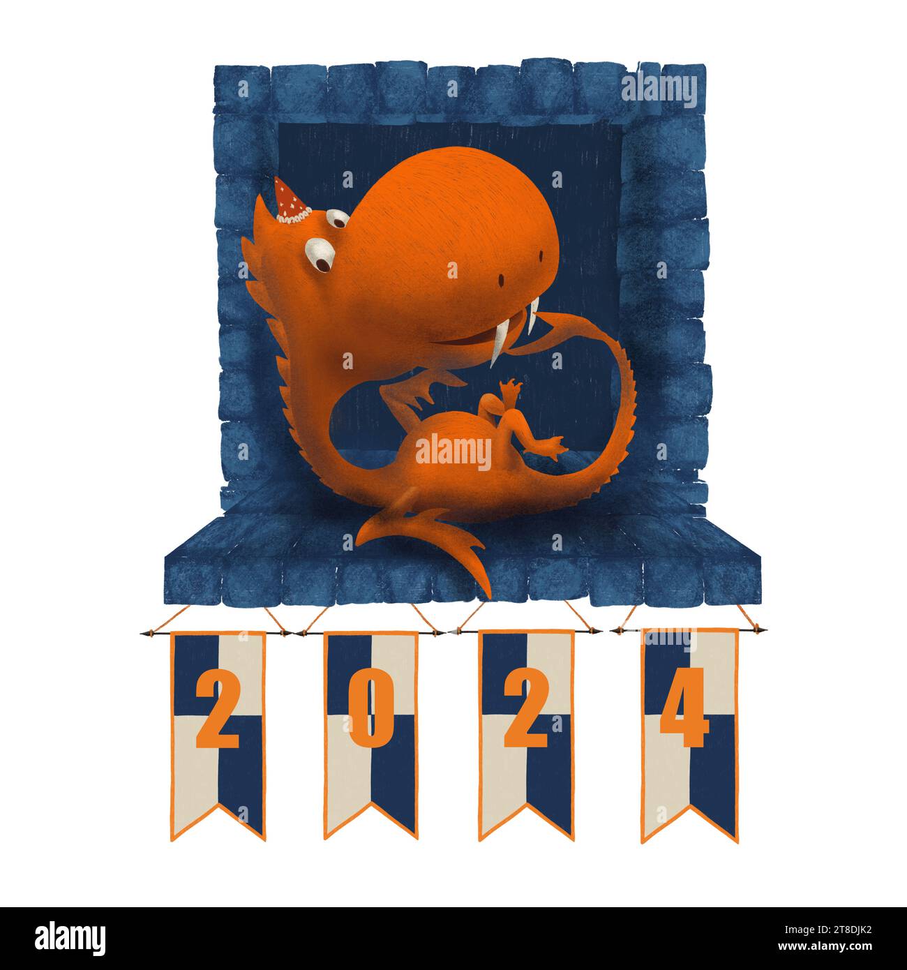 Dragon est le symbole de 2024 selon le zodiaque chinois. Personnage de dessin animé mignon dans une fenêtre de château avec des drapeaux de vacances suspendus. Position de dessin au crayon Banque D'Images