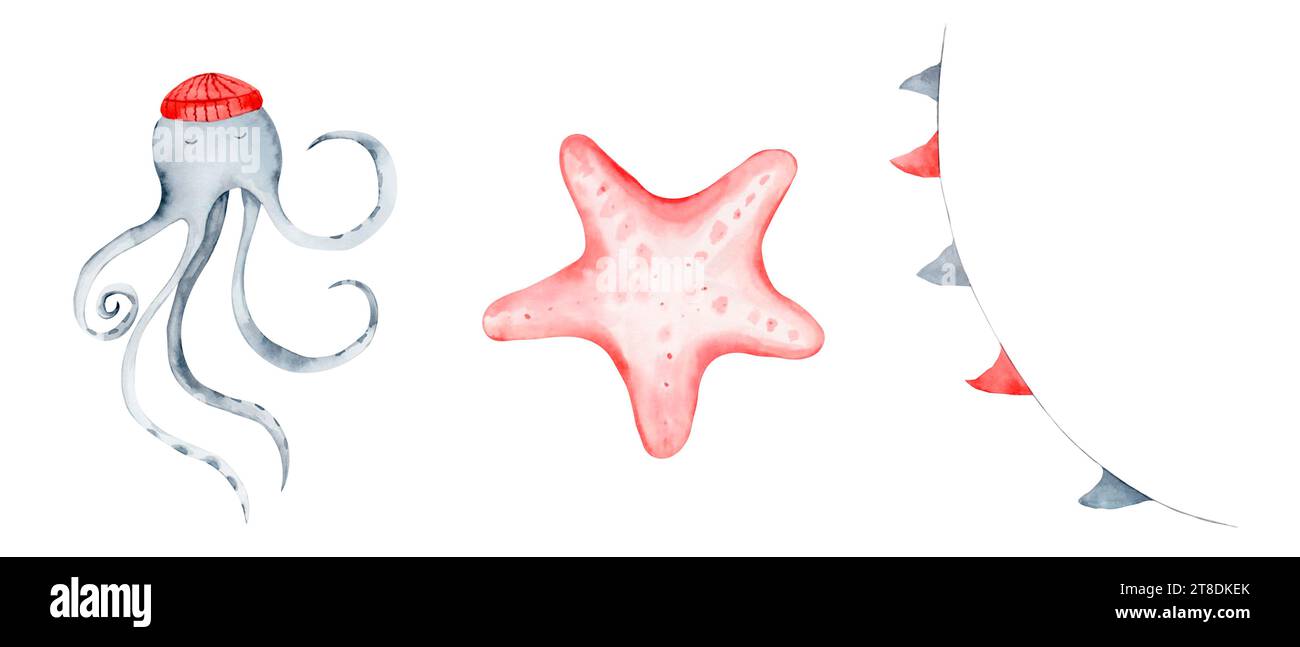 Ensemble mignon d'aquarelle de mer avec étoile de mer de poulpe et drapeau de guirlande. Créatures marines pour concevoir des cartes et des invitations pour les douches de bébé et les anniversaires. Banque D'Images
