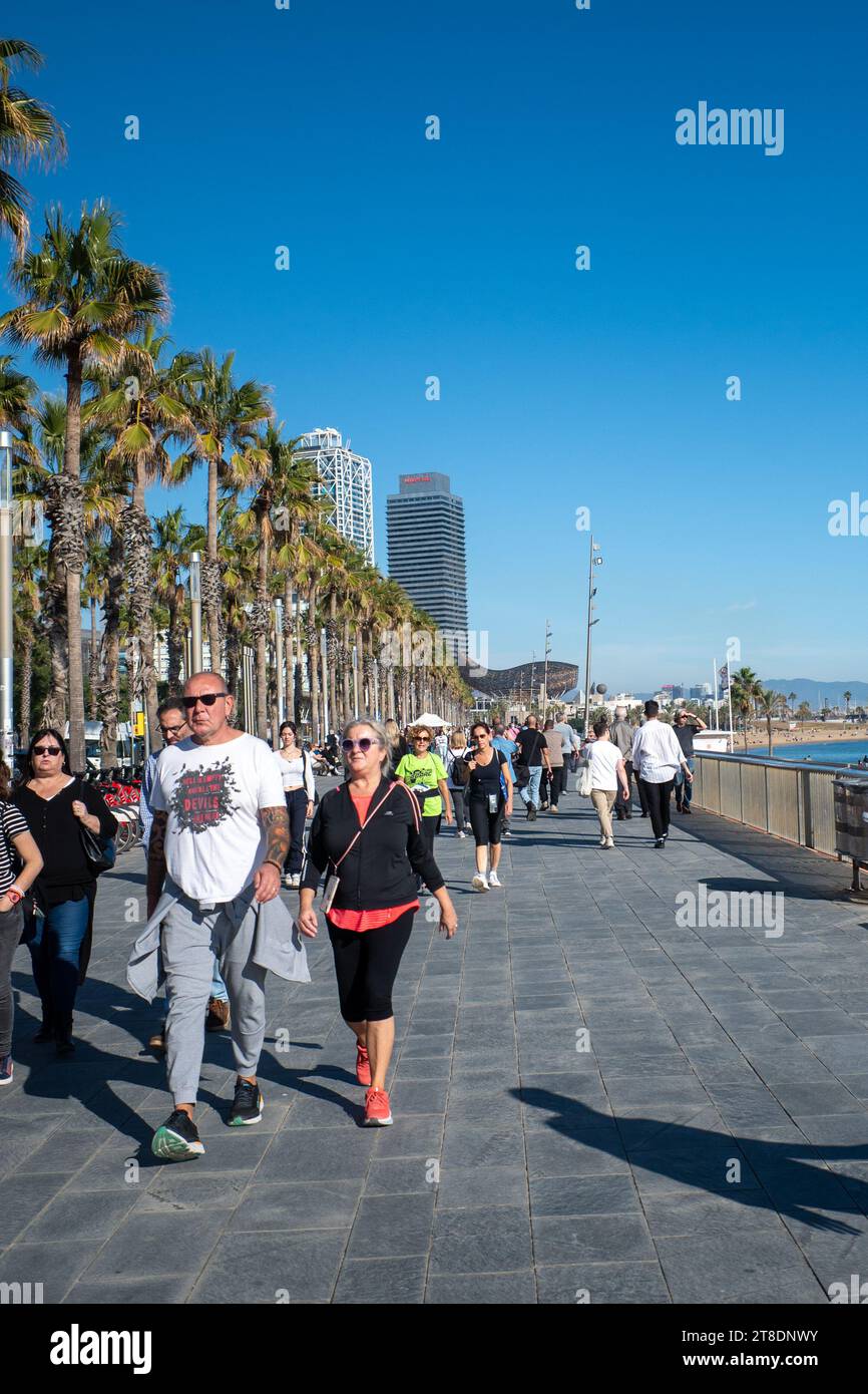 Barcelone, Espagne : 19 novembre 2023 : les gens marchent le long de la plage de Barceloneta par une journée ensoleillée en hiver à Barcelone, Catalogne en Espagne en hiver 2023. Banque D'Images