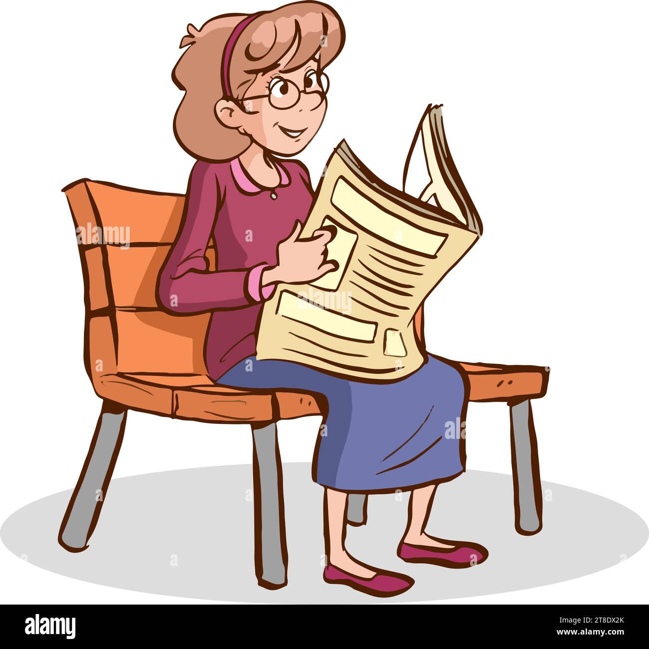 femme assise sur le banc lisant le vecteur de dessin animé de journal Illustration de Vecteur