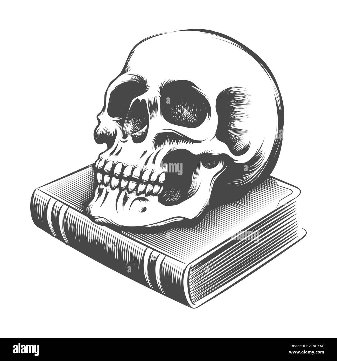 Crâne humain sur le tatouage Black Magic Old Book isolé sur fond blanc. Illustration vectorielle Illustration de Vecteur