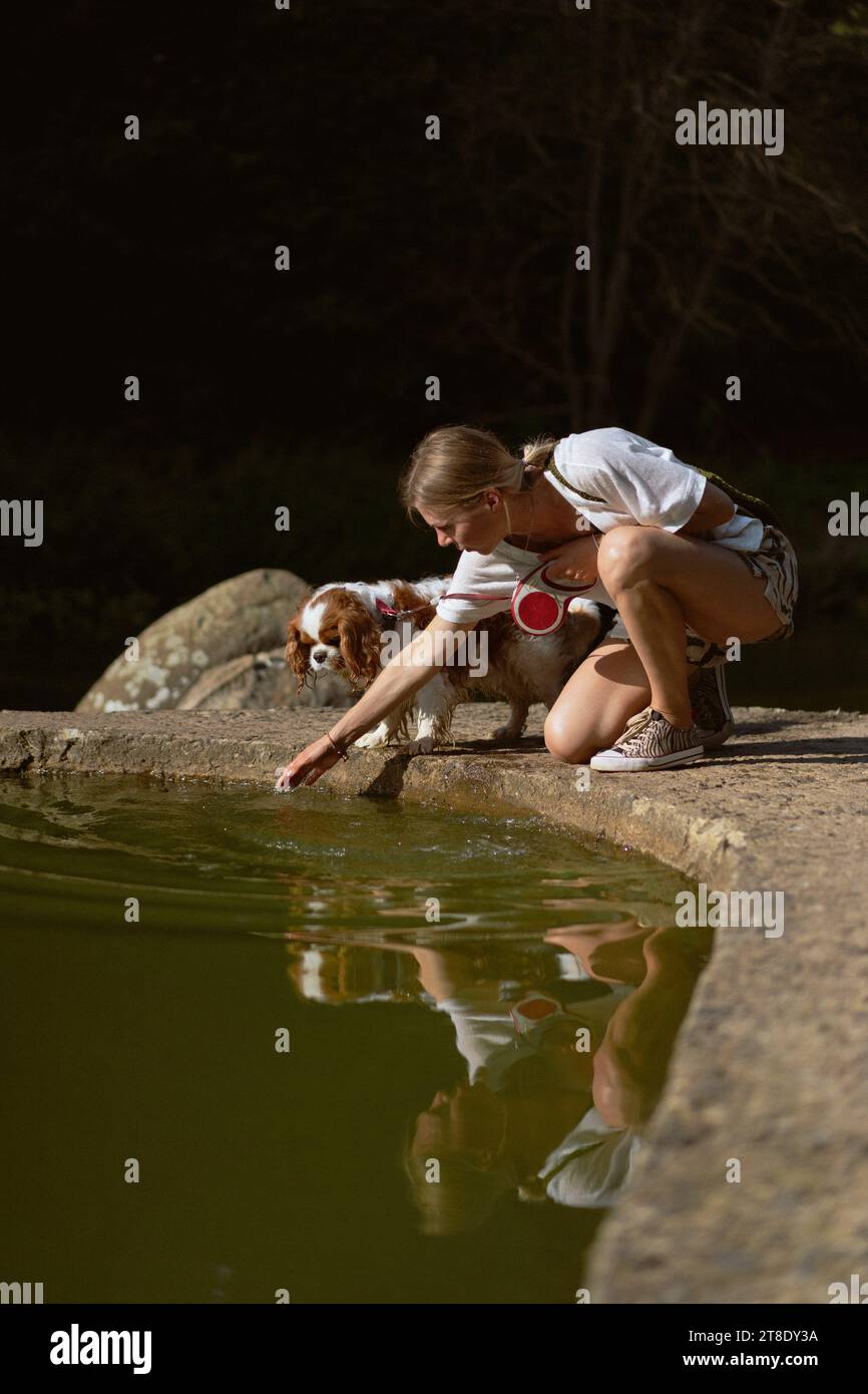 Jeune femme marchant avec un chien, cavalier Charles. Banque D'Images