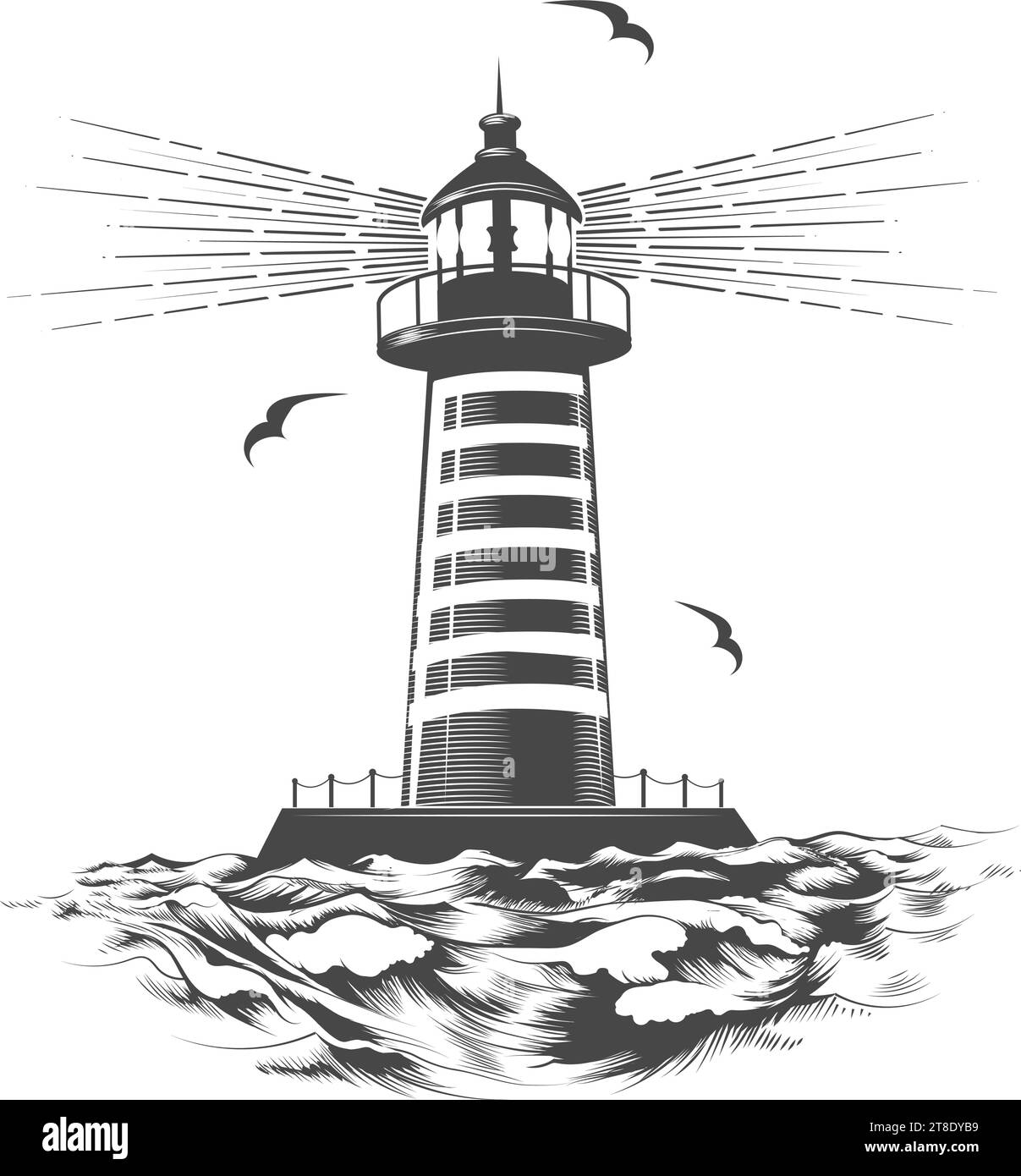 Emblème de gravure nautique monochrome Vintage dessiné à la main avec phare isolé sur blanc. Illustration vectorielle. Illustration de Vecteur
