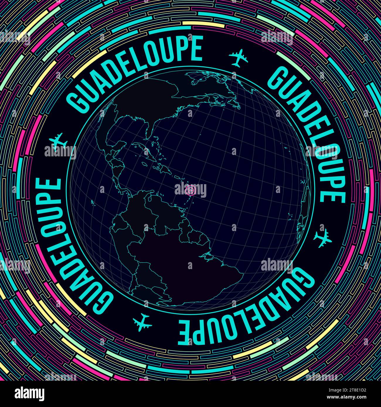 Guadeloupe sur globe. Vision satélite du monde centrée sur la Guadeloupe. Style néon lumineux. Fond de briques radiales futuristes. Génial vecteur illustr Illustration de Vecteur