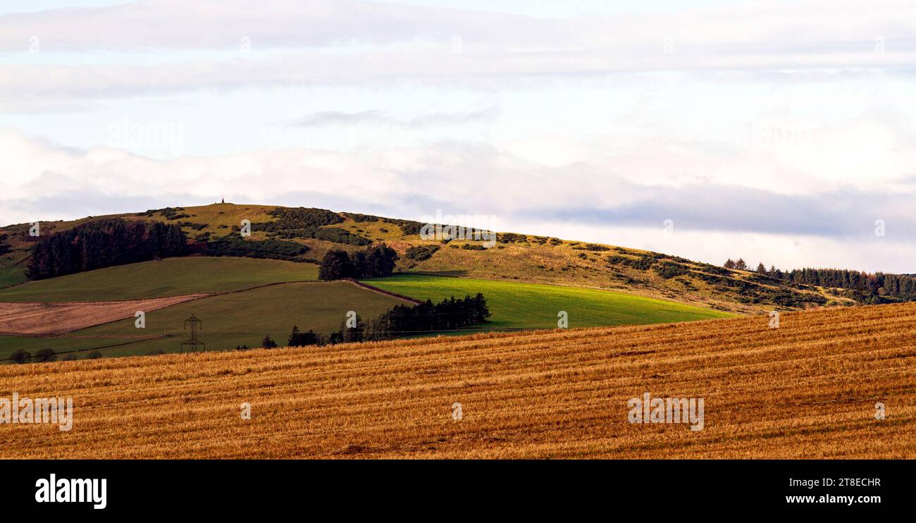 Dundee, Tayside, Écosse, Royaume-Uni. 20 novembre 2023. Météo au Royaume-Uni : dans la région rurale de Dundee, un soleil hivernal précoce avec un temps doux crée des paysages spectaculaires des collines Sidlaw et de la vallée de Strathmore. Crédit : Dundee Photographics/Alamy Live News Banque D'Images