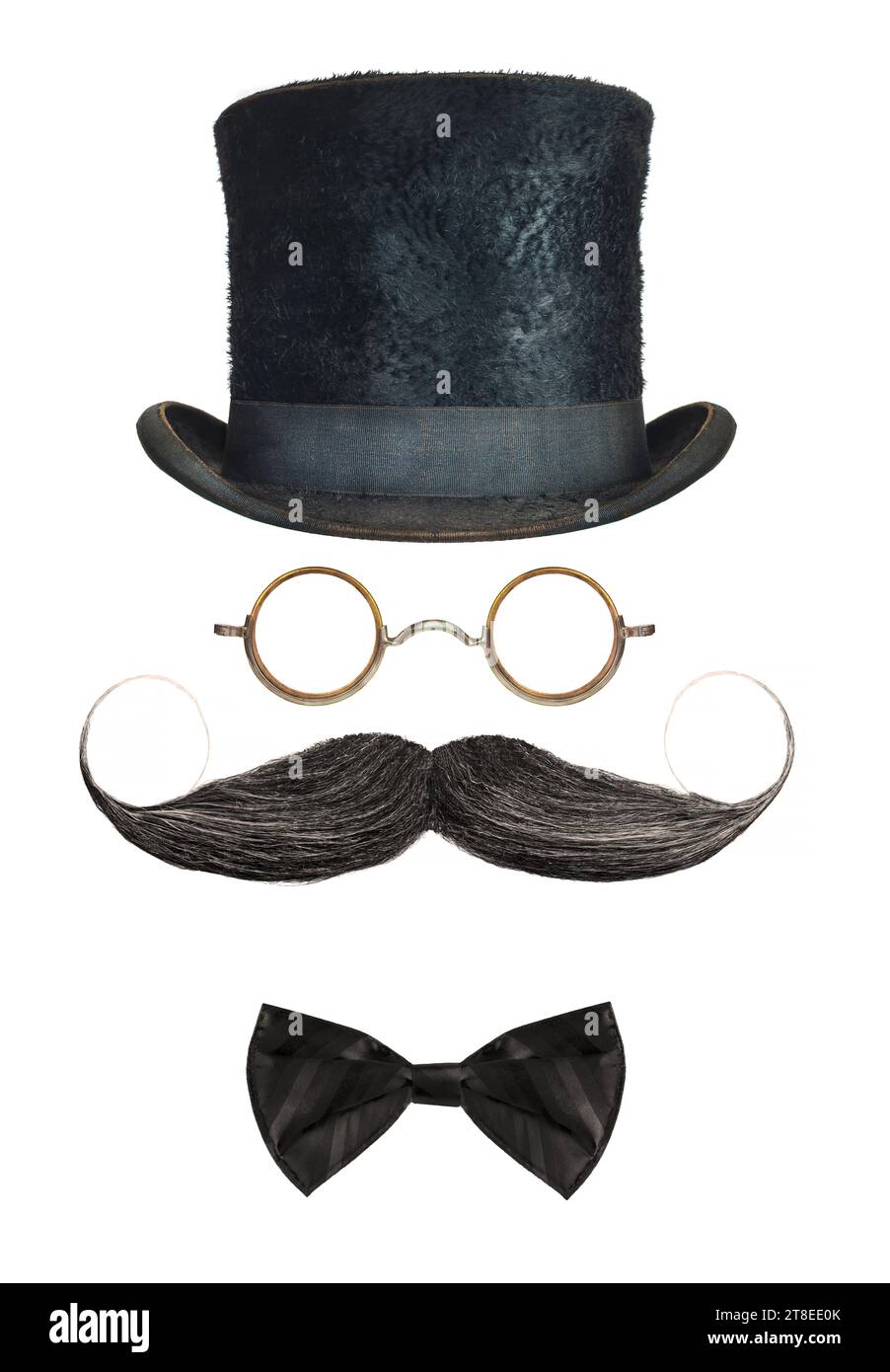 Chapeau de gentleman vintage, lunettes, moustache bouclée et noeud papillon isolé sur un fond blanc Banque D'Images