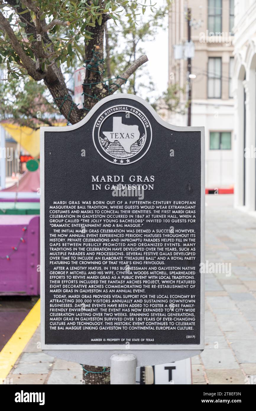 Galveston, USA - 10 novembre 2023 : signalisation mardi gras à Galveston, une tradition de mascarade dans l'ouest des USA. Banque D'Images