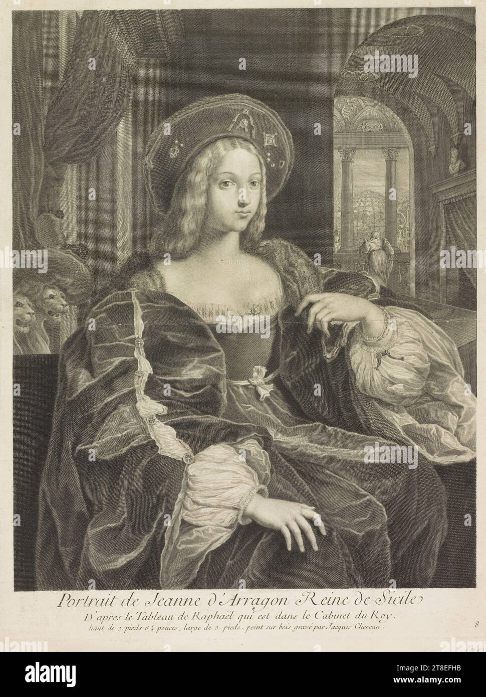 Portrait de Jeanne d'Arragon Reine de Sicile selon la peinture de Raphaël qui se trouve au Cabinet du Roy. 3. pieds 8 12 pouces de haut, 3. pieds larges. Peint sur bois, gravé par Jacques Chereau. 8 Banque D'Images