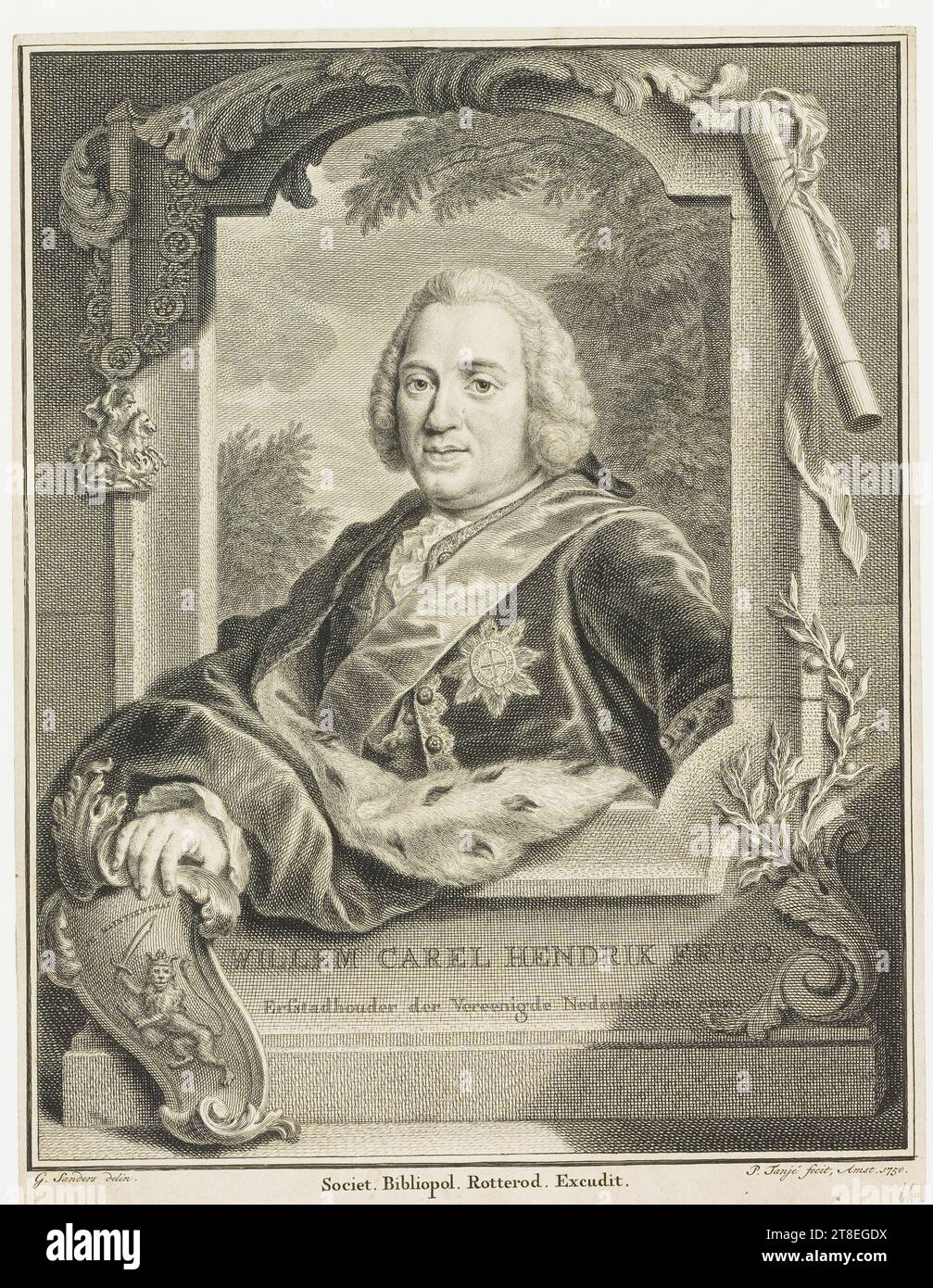 JE MAINTIENDRAI. WILLEM CAREL HENDRIK FRISO Erfstadhouder der Vereenigde Nederlanden. Etc. G. Sanders Delin. Societ. Bibliopol. Rotterod. Excudit. P. Tanjé fecit, Amst. 1750 Banque D'Images