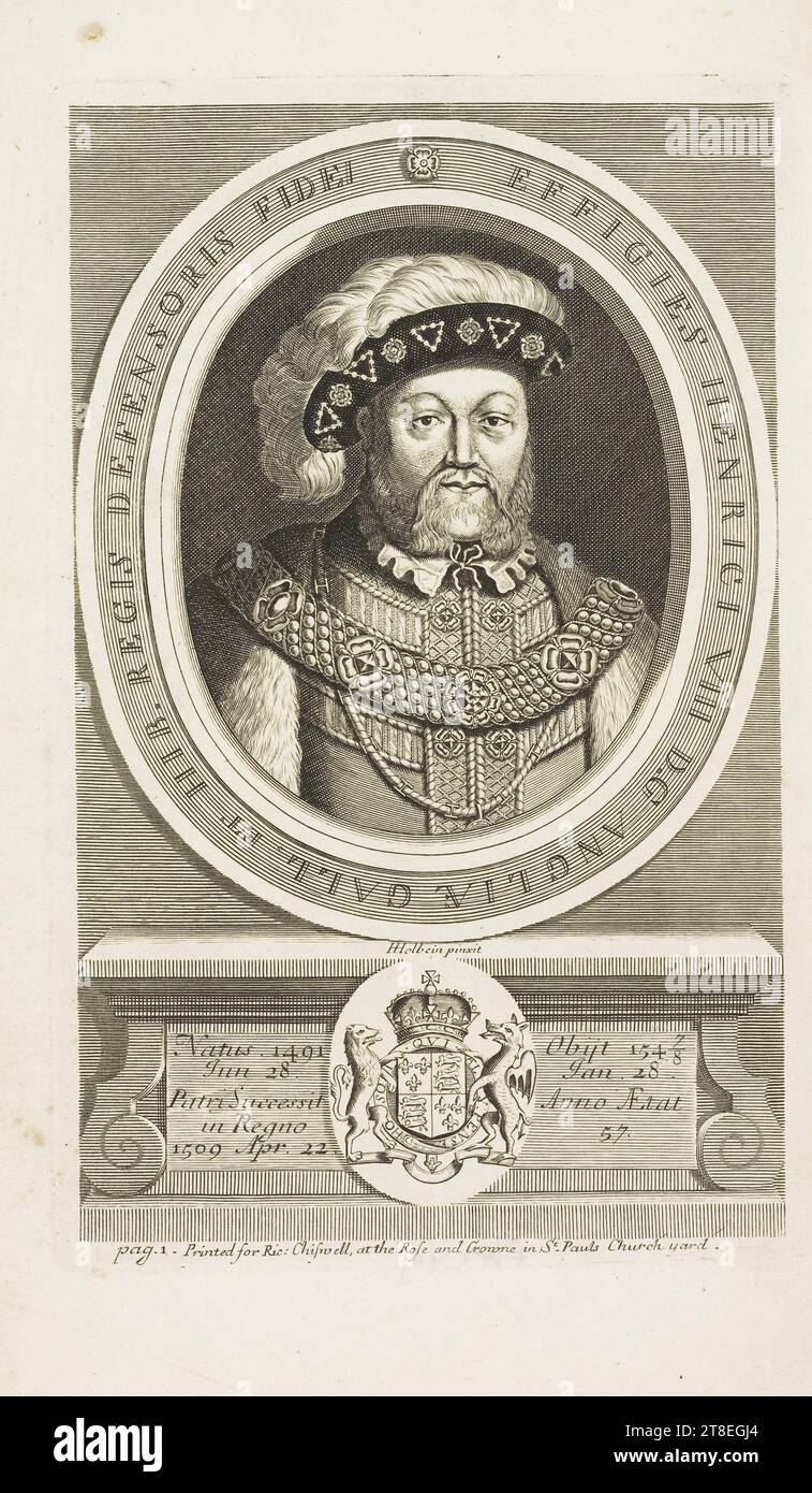 EFFIGIES HENRICI VIII D.G ANGLIÆ GALL. ET HIB. REGIS DEFENSORIS FIDEI. HHolbein pinxit. Natus 1491 juin 28. Patri Successit à Regno 1509 avril 22. Obijt 15478 janv. 28. Anno Ætat 57. p. 1. Imprimé pour Ric : Chiswell, à la Rose et Crowne à St. Pauls Church yard Banque D'Images