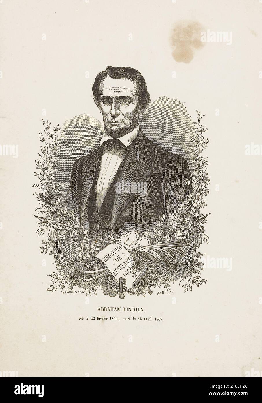 LEX ABOLITION DE L'ESCLAVAGE 1863. E. PARMENTIER. JAHIER. ABRAHAM LINCOLN, né le 12 février 1809, décédé le 15 avril 1865 Banque D'Images