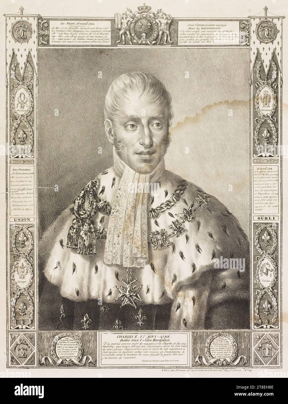 Au Sénat, le 15 avril 1814. Le Roi et sa famille sacrifièrent leurs journées au bonheur. Aux commissaires envoyés aux services. 'Je vous confie une mission importante ; allez visiter . Aux protestants le Consistoire pour être assuré que le Roi est . 15 avril 1814. Un officier général dit à S.M. Sire, je viens vous offrir mes services. RACCORD. OUBLI. Un spearman a fait quitter le roi dit avec un sourire. CHARLES X. Banque D'Images