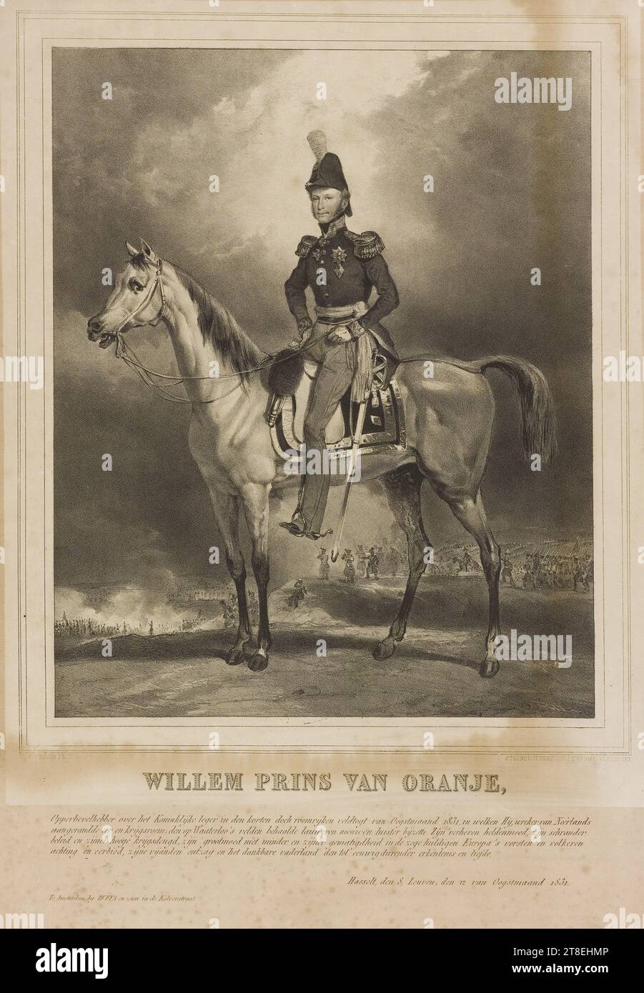 TH. FOURMOIS FECIT. STEENDRUKKERY VAN DEWASME-PLETINCKX. WILLEM PRINS VAN ORANJE, commandant suprême de l'armée royale lors de la courte mais glorieuse campagne du mois des moissons 1831, au cours de laquelle il vengeait l'honneur agressé et la renommée de la guerre des pays-Bas, ajouta un nouvel éclat aux lauriers gagnés sur les champs de Waaterloo. Son noble héroïsme, son habile. Sa politique et sa haute vertu martiale, sa magnanimité non moins et sa modération dans la victoire honoraient l'estime et l'honneur des princes et des peuples d'Europe, la crainte de ses ennemis et la reconnaissance et l'amour éternels de la patrie reconnaissante. Hasselt, den 8, Leuven Banque D'Images