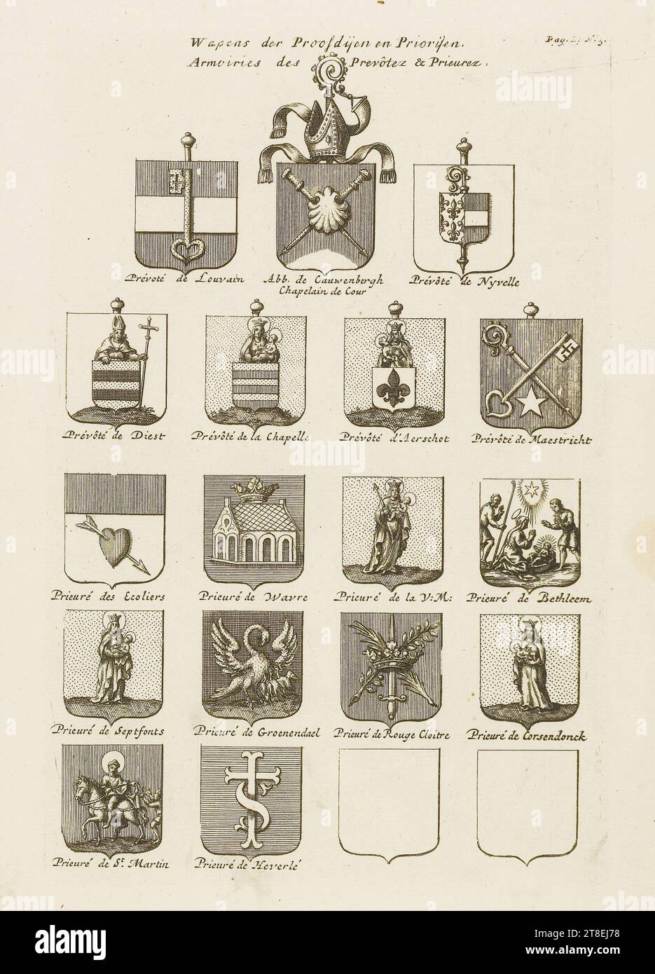 Armoiries des Proosdijen et Priorijen armoiries des Prvôtes & Prieurez. Page I. No 3. Prevoté de Louvain. ABB. De Cauwenbergh aumônier de la Cour. Prevoté de Nyvelle. Prevoté de Diest. Prevoté de la Chapelle. Prevoté d'Aerschot. Prevoté de Maestricht. Prieuré des Schoolboys. Prieuré de Wavre. Prieuré du V : M. Prieuré de Bethléem. Prieuré des Septfonts. Prieuré de Groenendael. Prieuré de Rouge Cloitre. Prieuré de Corsendonck. Prieuré de Saint-Martin. Prieuré d'Heverlé Banque D'Images