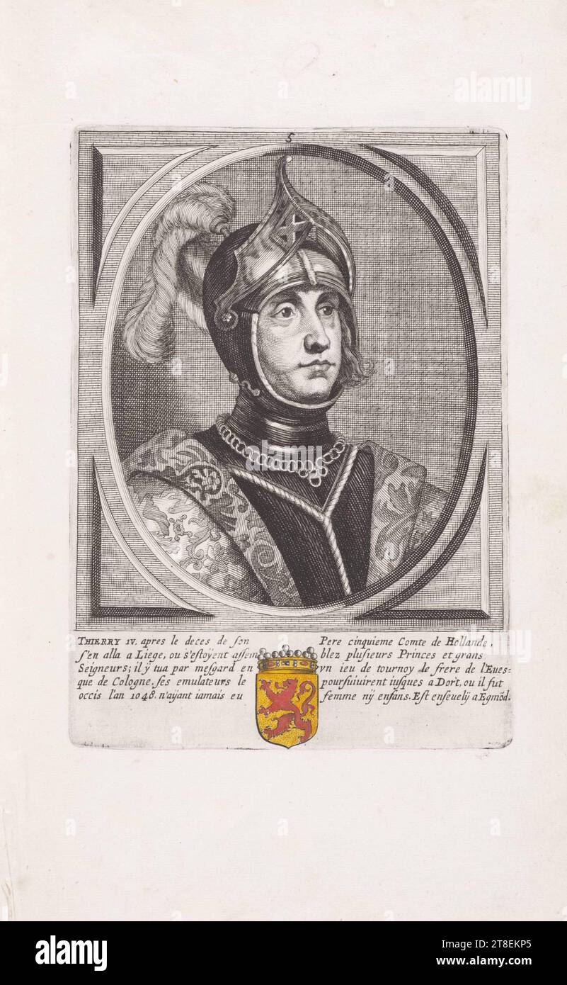 5. THIERRY 1V. Après la mort de son père, le même comte de Hollande, se rendit à Liège, où plusieurs princes et grands seigneurs étaient assis ; il tua par masgard dans un lieu de tournoy le frère des Eues= de Cologne. Ses émulateurs l'ont poursuivi à dort, où il a été tué en 1048. n'ayant aimé ni femme ni enfants. Il a été enterré à Egmond Banque D'Images