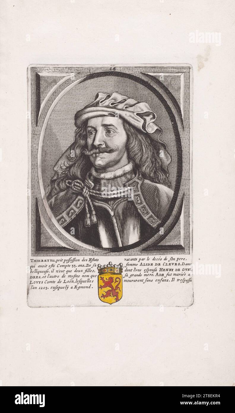 14. THIERRY V11. Prend possession des domaines vacants à la mort de son père, âgé de 33 ans. des années. De son épouse ALIDE DE CLEVES, une dame guerrière, il n'eut que deux filles, dont l'une épousa HENRY DE GVEL= DRES, et l'autre du même nom que sa grand-mère, ADE, épousa LOVYS Comte de Loën, mort sans enfants. Il meurt en 1203. Enterré à Egmond Banque D'Images