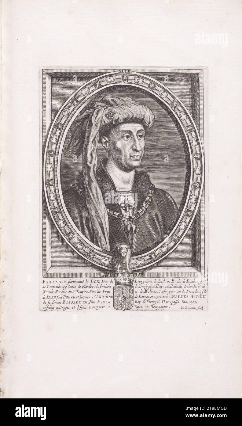 XLIII. AVLTRE N'ARAY. PHILIPPE 11. Surnommé le BON, duc de Bourgoigne, Lothier, Brab. De Limbourg, et Lutsembroug, Comte de Flandren d'Arthois, Bourgoigne, Haynaut, Hollande, Zeland, et Namur, marquis de la Saint-Laurent Empire, Sire de Frise et Malines, cousin Germain du préfet de Frise. Empire, Sire de Frise et Malines, cousin Germain du précédent fils de IEAN sans-POEVR et Nepueu d'ANTOINE de Bourgoigne, procréa CHARLES HARDII de son épouse ELISABETH Banque D'Images