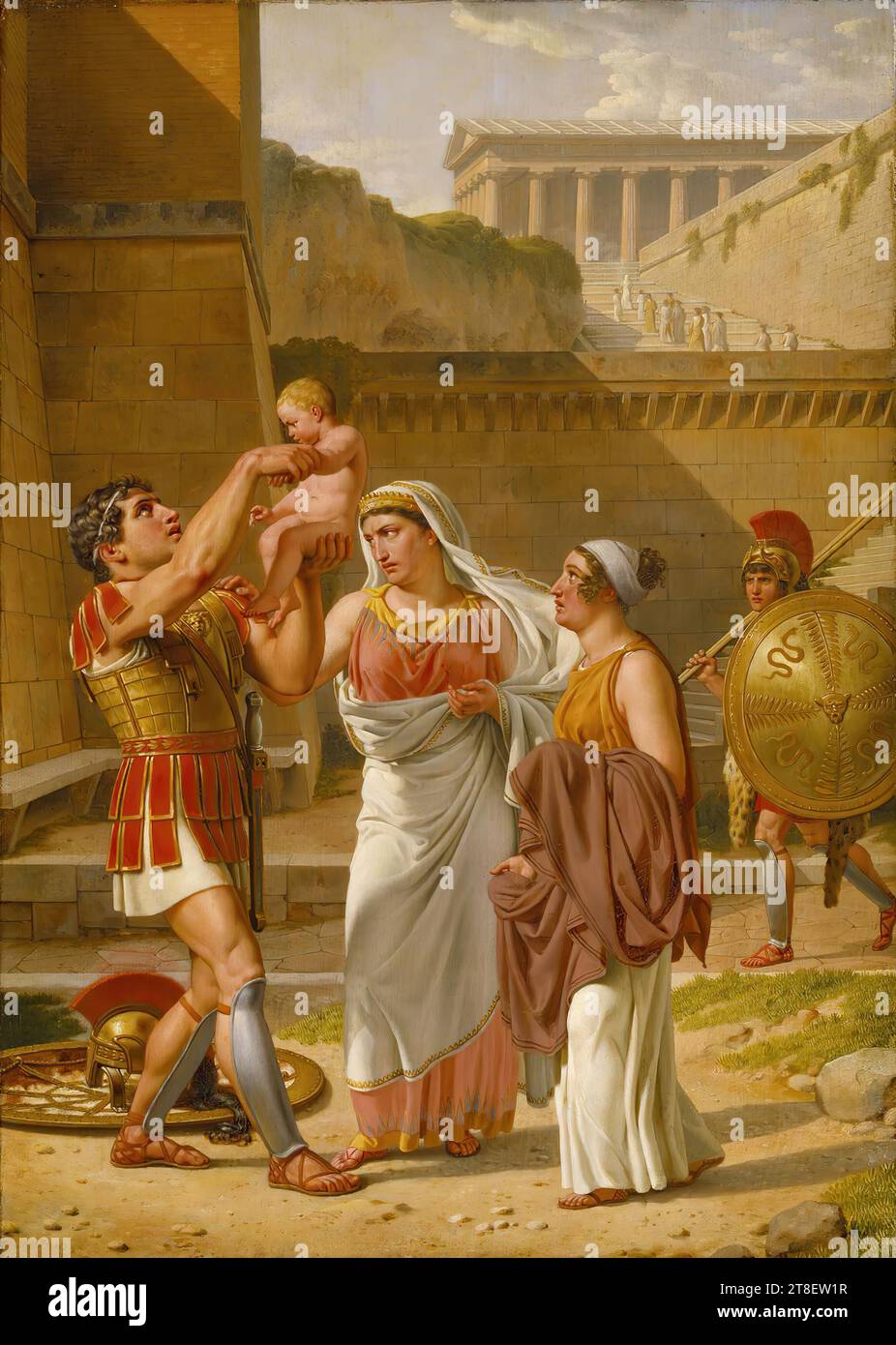 Hector Bidding adieu à Andromache et Astyanax, C.W. Eckersberg, 1783-1853, 1813 - 1816, peinture, Historical Painting, la source littéraire pour Hector et Andromache qui prennent congé l'un de l'autre est le 6e livre d'Homère, Iliade, : l'héroïque prince troyen Hector, surnommé «le sauveur de la ville», doit partir en guerre et prend congé de sa femme Andromache et de son fils Astyanax. Elle a le sentiment que son mari va perdre la vie dans la guerre et avec les larmes aux yeux, elle essaie de le garder en arrière. Hector, quant à lui, ne doit pas être arrêté Banque D'Images
