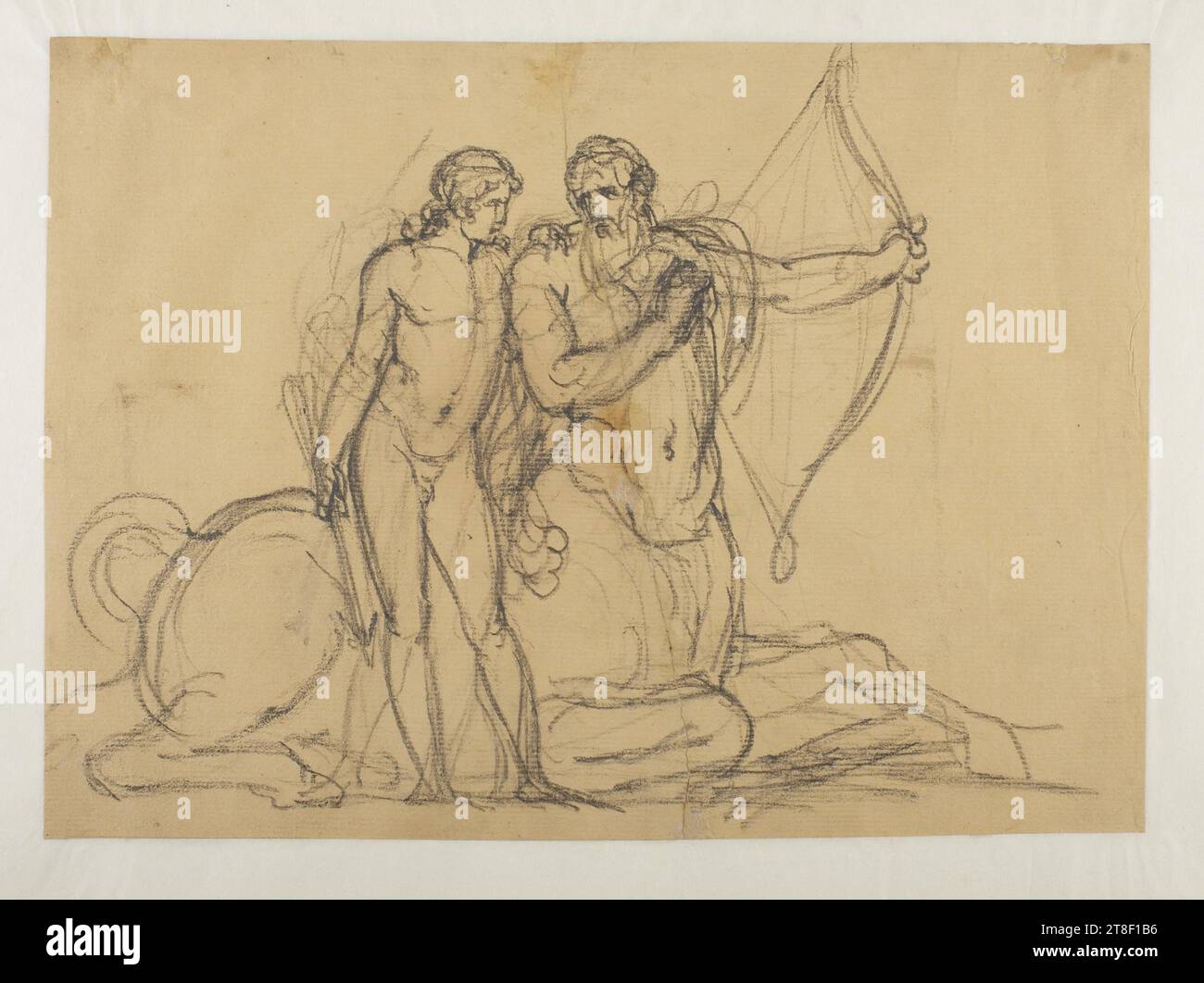 Chiron enseigne le tir à l'arc d'Achille, Bertel Thorvaldsen, 1770-1844, années 1800, dessin, papier, couleur, craie, Carboncrayon, dessiné, hauteur 203 mm, largeur 282 mm, dessin, européen, modernité (1800 - 1914 Banque D'Images