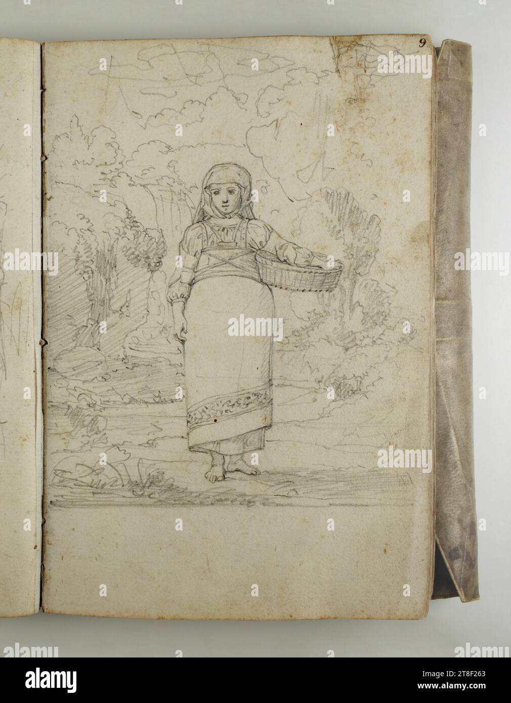 Paysage avec femme de campagne italienne, Bertel Thorvaldsen, 1770-1844, Livre, Sketchbook, page SketchBook, dessin, papier, couleur, Graphite, dessiné, hauteur 135 mm, largeur 206 mm, dessin, dessin, européen, modernité (1800 - 1914 Banque D'Images