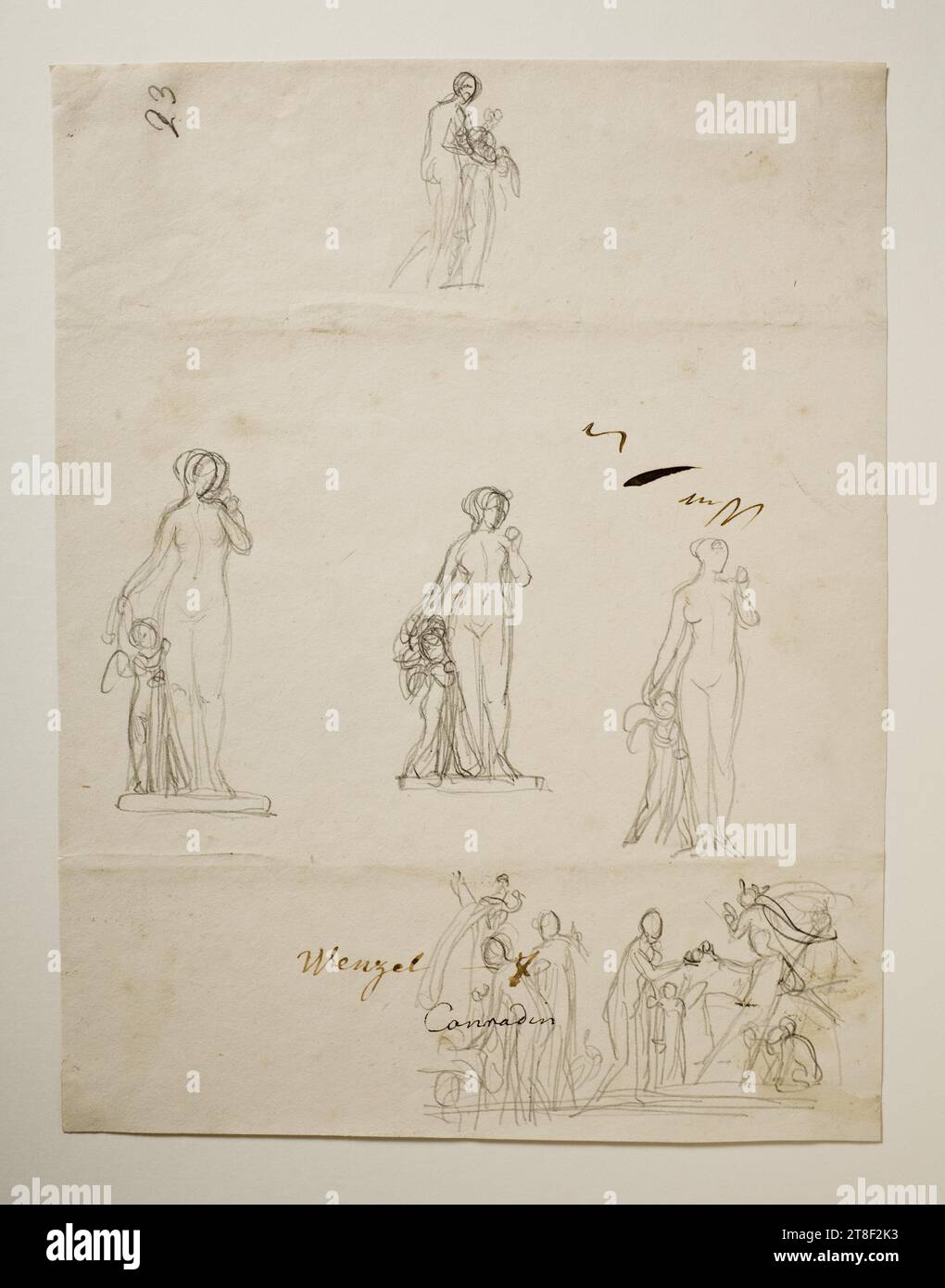 Le jugement de Paris. Vénus et Cupidon, Bertel Thorvaldsen, 1770-1844, 1804 - 1805, dessin, feuille de croquis avec plusieurs croquis pour a, sculpture de Vénus, et un croquis pour, jugement de Paris, et diverses inscriptions. Quand le prince troyen Paris devait décider laquelle des déesses était la plus belle, ils lui ont offert une récompense. Juno lui donnerait le commandement sur l’Asie, Minerva lui offrirait la renommée en tant que guerrier, tandis que Vénus lui promettait la femme la plus juste du monde Banque D'Images