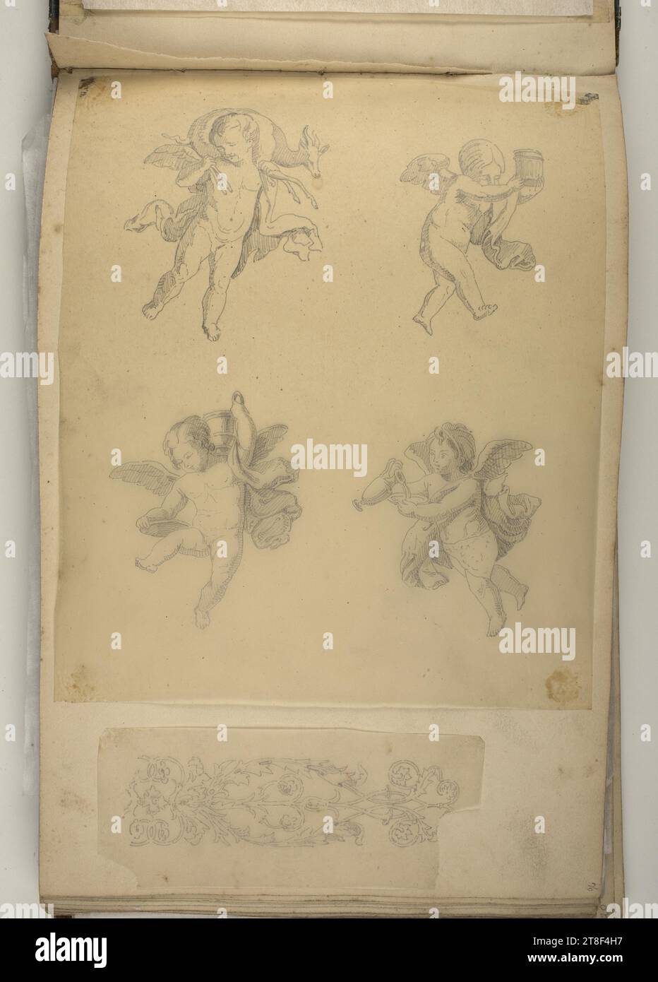 Figure féminine en draperie richement pliée. Triton et femme sur Sea Horse. Ornements, Carl Løffler, Livre, Carnet de croquis, page Carnet de croquis, dessin, Etude de figure, papier, papier calque, couleur, graphite, dessiné, hauteur 193 mm, largeur 290 mm, dessin, dessin, européen, modernité (1800 - 1914 Banque D'Images