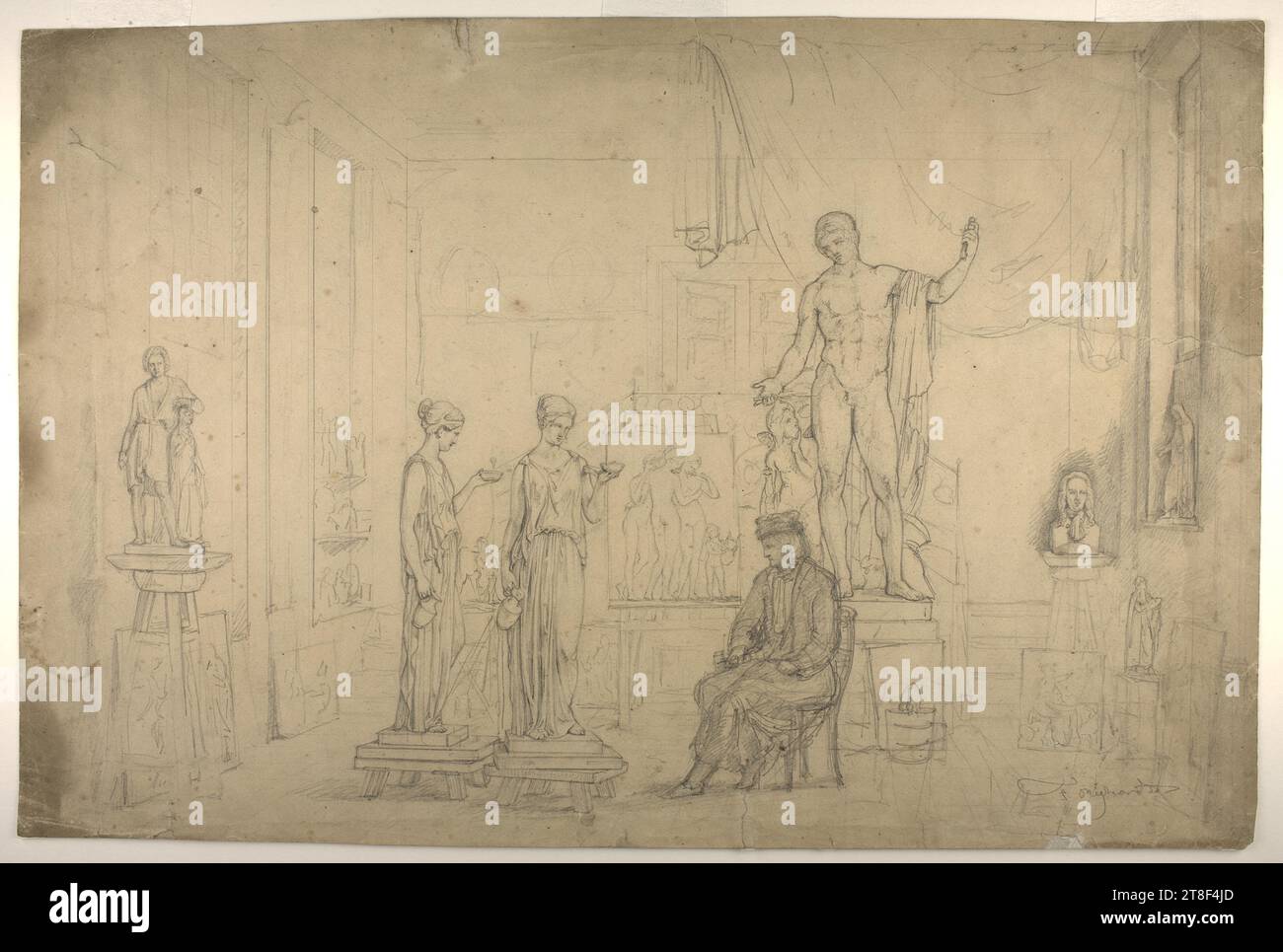 Thorvaldsen dans son atelier à l'Académie des Beaux-Arts de Copenhague, Ferdinand Richardt, 1819-1895, ca. 1840, dessin, selon une tradition ancienne, certains des professeurs de l'Académie des Beaux-Arts vivaient à Charlottenborg sur Kongens Nytorv. Bien qu'résidant à Rome, Thorvaldsen avait été nommé professeur à l'Académie dès 1805. Comme son retour précoce au Danemark était prévu dans les années 1830 Banque D'Images