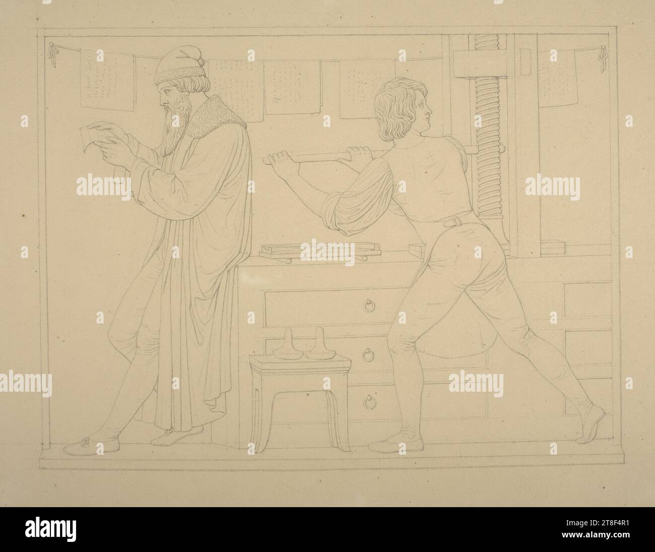 L'invention de la presse à imprimer, pas avant 1834, dessin, papier, couleur, Graphite, dessiné, hauteur 255 mm, largeur 367 mm, dessin, dessin, européen, modernité (1800 - 1914 Banque D'Images