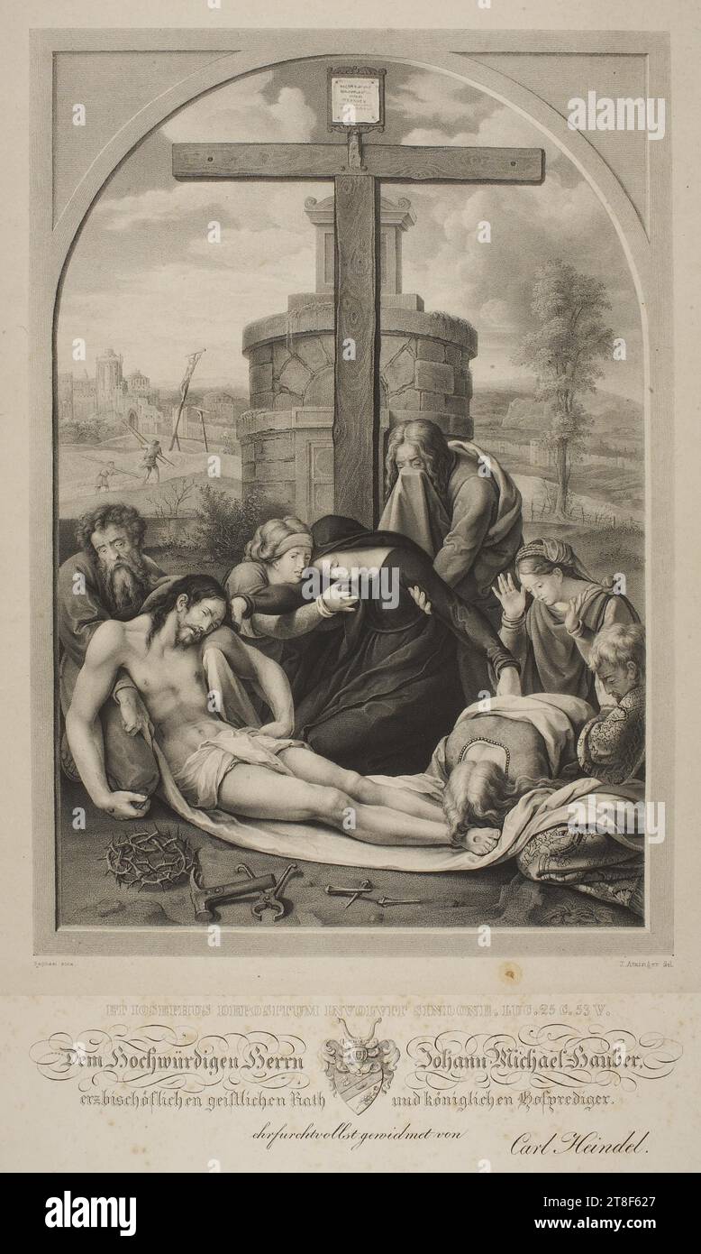 La Lamentation, Joseph Atzinger, au plus tard en 1885, Art graphique, Lithographie, papier, couleur, encre d'imprimante, Lithographie, Printet, hauteur (taille de la vue) 470 mm, hauteur (taille de la plaque) 475 mm, hauteur (taille du papier) 800 mm, hauteur (taille du papier) 633 mm, largeur (taille de la plaque) 320 mm, largeur (taille du papier) 650 mm, largeur (taille du papier) 485 mm, largeur (taille de la vue) 295 mm, Raphael pinx., J. Atzinger del., ET IOSEPHUS DEPOSITUM INVOLVIT SINDONE. LUC.25 C.53 V., DEM Hochwürdigen Herrn Johann Michael Hauber, erzbischöflichen geistlichen Rath und königlichen Hofvrediger, ehrfurchtvollst veroidmet von Banque D'Images