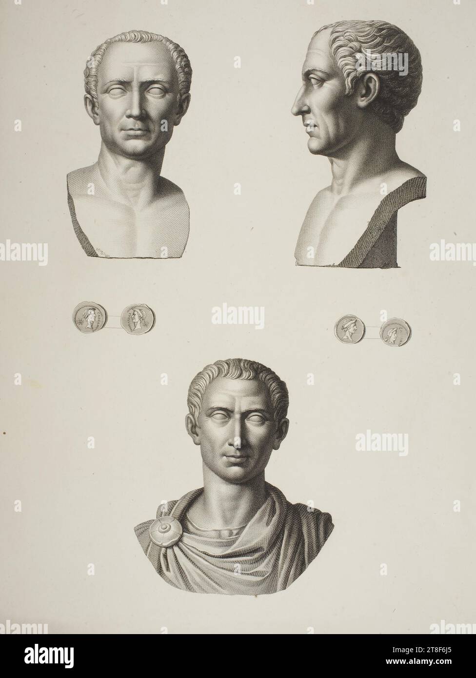 Buste en bronze représentant César. Monnaies romaines avec Portrait de César, au plus tard en 1900, Art graphique, gravure, papier, couleur, encre d'imprimante, gravure, Printet, hauteur (format papier) 410 mm, largeur (format papier) 320 mm, Design graphique, européen Banque D'Images