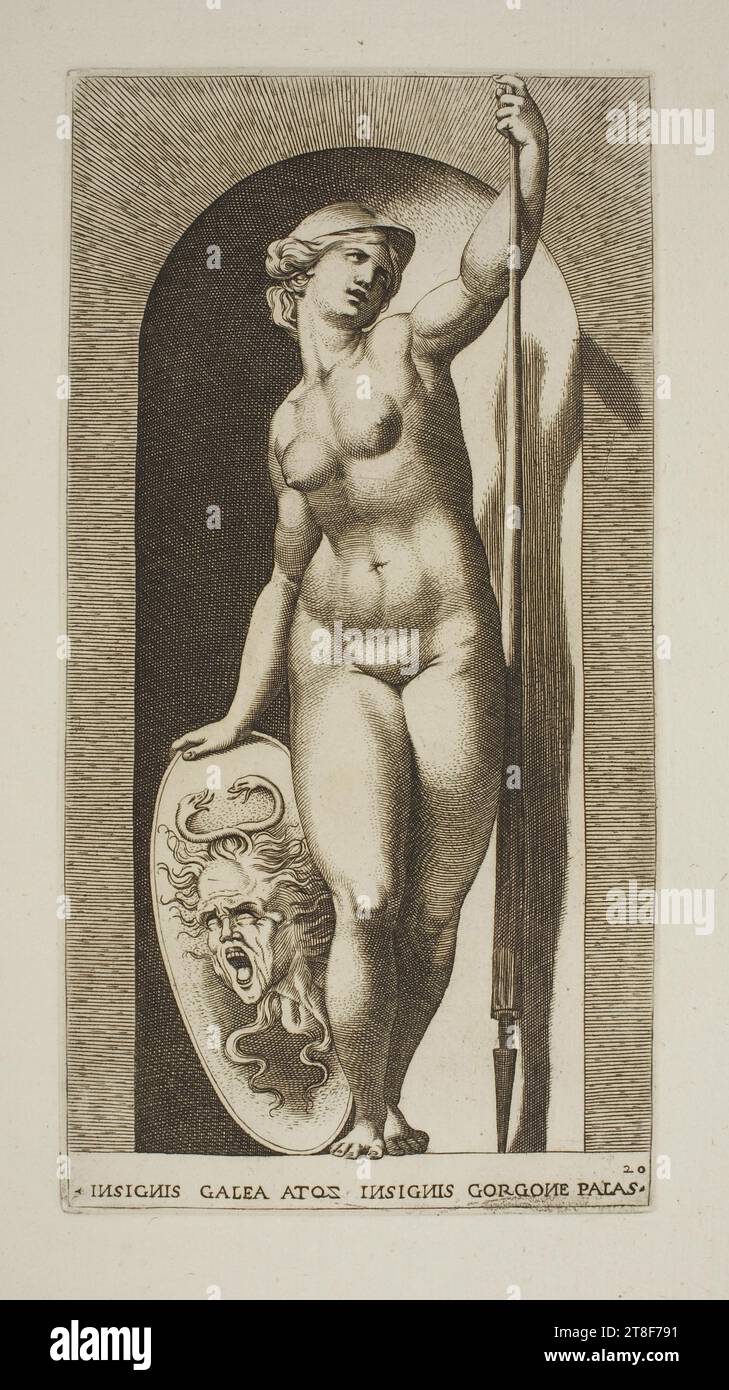 Athene, Giovanni Jacopo Caraglio, 1526, Art graphique, gravure sur cuivre, Athene, ou Pallas Athene, est reconnue par son casque, sa lance et un bouclier orné de la tête de Méduse. Elle est l'une des principales divinités de la mythologie grecque. Et dans une large mesure, elle peut être comparée à la déesse romaine Minerve. Les armes indiquent qu'Athene a été considéré tôt comme une déesse de la guerre. Mais contrairement au dieu de la guerre, Mars, qui représente la guerre destructrice, Athene a lutté pour la justice. Elle avait déjà reçu la tête de Méduse de Persée après l’avoir aidé à tuer Méduse Banque D'Images