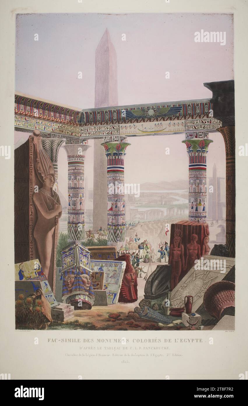 FAC-simile des Monumens coloriés de l'Egypte, Jean Alexandre Alois, 1825, Art graphique, Lithographie, plus de 160 artistes et scientifiques français de premier plan ont été liés à la campagne égyptienne du jeune Napoléon Bonaparte (1769-1821) en 1798-99. Cette lithographie est une page du splendide ouvrage intitulé, Description de l’Egypte, . Cela résulte des travaux scientifiques menés par les Français à l’Institut d’Egypte du Caire. Thorvaldsen possédait la deuxième édition élargie, celle connue sous le nom de Panckoucke Edition, commandée en 1820 par le successeur de Napoléon Banque D'Images