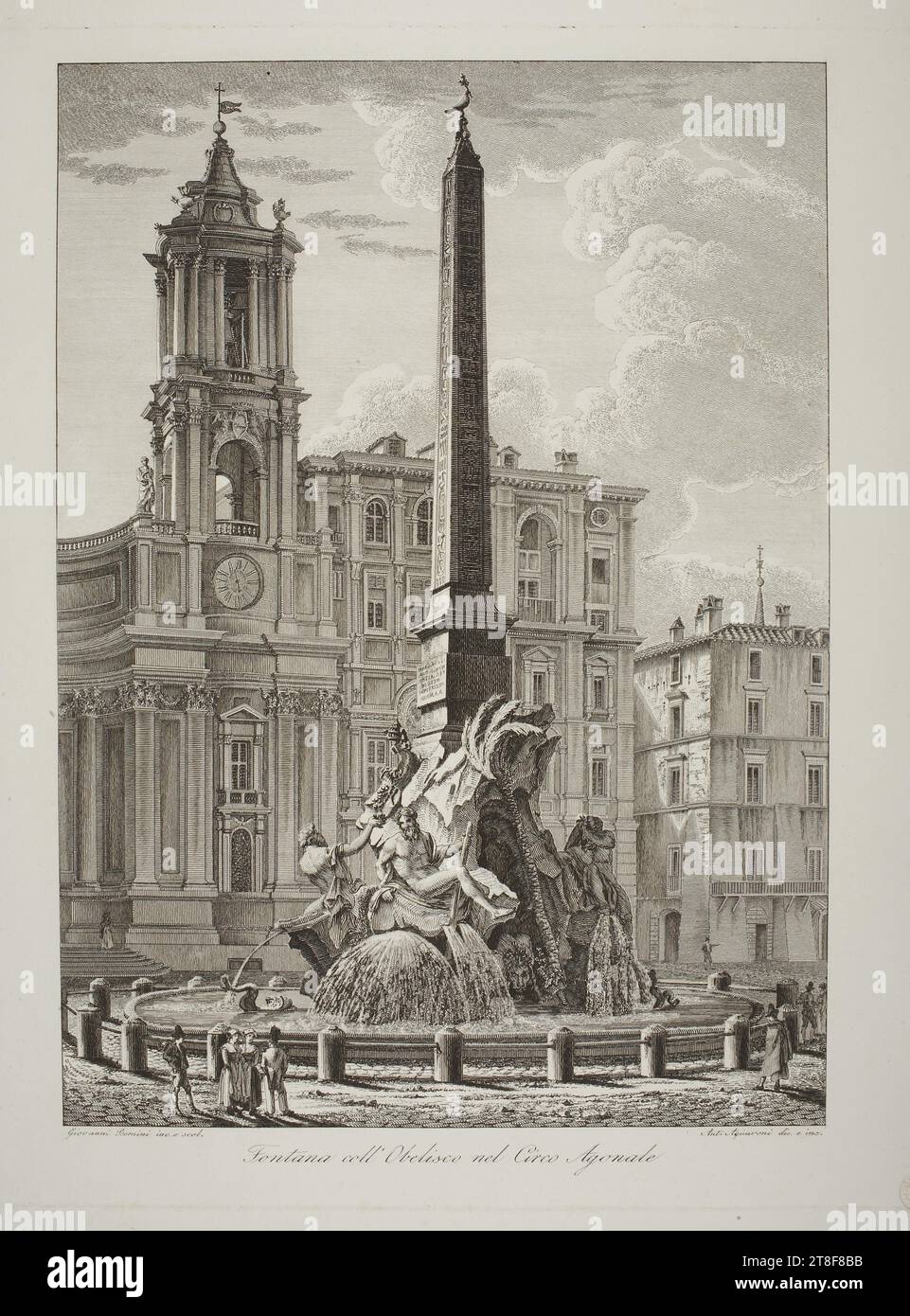 Fontana coll'Obelisco nel circo Agonale (Fontaine des quatre Rivières), Antonio Acquaroni, ca. 1837, Art graphique, Aquatinte, Gian Lorenzo Bernini (1598-1680) était le génie artistique éclipsé tous les autres dans la Rome de son époque. Sa fontaine sur la Piazza Navona, symbolisant quatre rivières, a été réalisée en 1648-51, commandée par le pape Innocent le dixième (1574-1655). Les quatre figures de la fontaine sont des allégories pour les fleuves Nil, Danube, Gange et plate et représentent l'Afrique, l'Europe Banque D'Images
