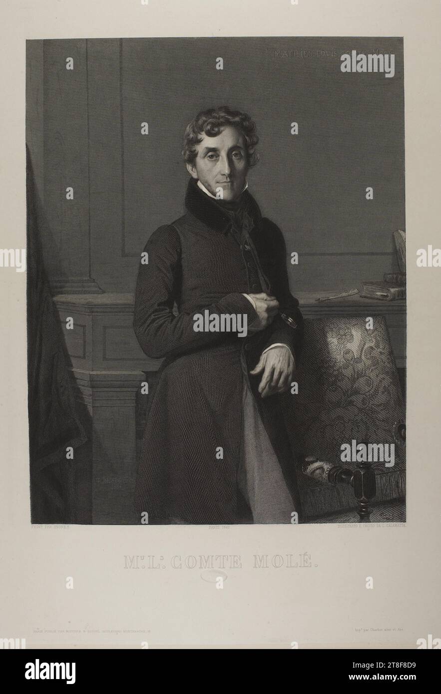 Comte Molé, Luigi Calamatta, 1801-1868, 1840, Art graphique, gravure sur cuivre, lorsque Jean-Auguste-Dominique Ingres (1780-1867) peint le portrait de Mathieu Louis comte Molé (1781-1855) en 1834, quelques mois seulement s’écouleront avant que Molé ne devienne ministre des Affaires étrangères de son pays. C’est aussi dans le cadre de sa carrière politique qu’en 1813, à l’âge de 32 ans seulement, il devient ministre de la Justice. Dans l'image Banque D'Images