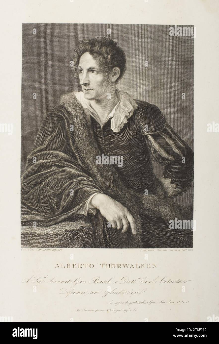 Portrait de Thorvaldsen, Joseph Saunders, 1773-1845, 1823, Art graphique, gravure sur cuivre, papier, couleur, encre d'imprimante, gravure sur cuivre, Printet, hauteur (format de la plaque) 310 mm, hauteur (format du papier) 312 mm, largeur (format de la plaque) 220 mm, largeur (format du papier) 235 mm, Cav : VINC : Camuccini dipense. Contre : Gius : Saunders incisi in Fire., 1823, ALBERTO THORWALDSEN, A. SIG.ri Avvocato GUIs. Basili, e Dolt.re Carlo Catanzaro, Difensori suoi zelantissimi, in segno di gratidudine Gius : Saunders D.D.D., in Firenze presso NIC. Pagni SIG.o e G.o, Design graphique, européen Banque D'Images