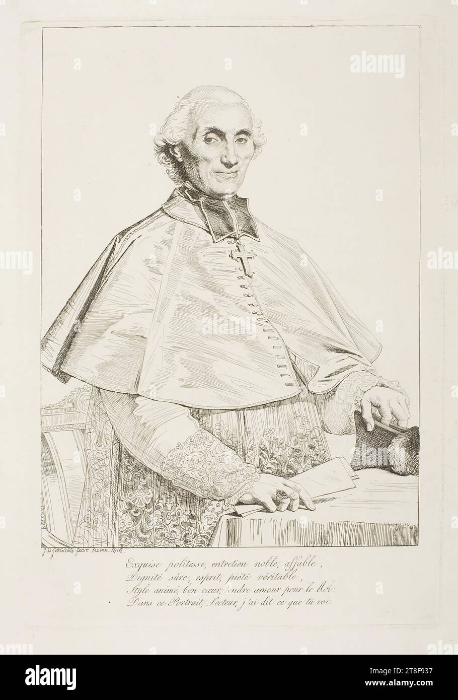 Gabriel courtois de Pressigny, Jean-Auguste-Dominique Ingres, 1780-1867, 1816, Art graphique, gravure, papier, couleur, encre d'imprimante, gravure, Printet, hauteur (format de la plaque) 310 mm, hauteur (format du papier) 360 mm, largeur (format de la plaque) 210 mm, largeur (format du papier) 260 mm, J.D. Ingres fecit Rome 1816, Excuise politesse, entretien noble, affable, dignité Sûre, esprit piété véritable, style animé, bon cæur tendre amour pour le roi:, dans ce Portrait, lecteur, j'ai dit ce que tu voi, Graphic Design, European, Modernity (1800 - 1914), Printer Banque D'Images