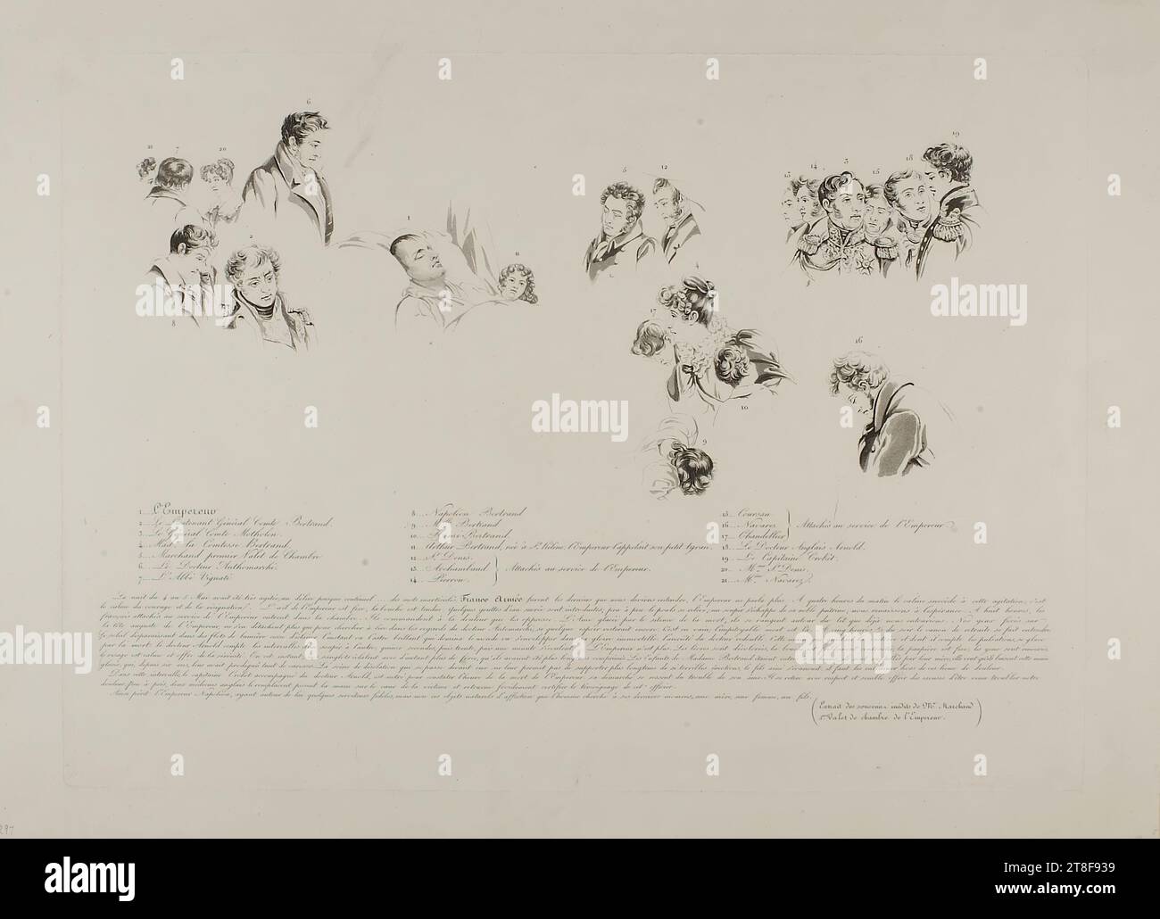 Mort de Napoléon, Plan de personnes, Jean-Pierre-Marie Jazet, ca. 1843, Art graphique, aquatinte, l’aquatinte de Jean-Pierre-Marie Jazet de 1843 est calquée sur la peinture de Carl von Steuben de 1828. L’aquatinte a été réalisée plus de vingt ans après la mort de Napoléon, démontrant combien de temps le culte de Napoléon a duré. Le bas de la feuille contient un extrait des mémoires inédites du valet principal de Napoléon, Louis Joseph Narcisse Marchand, papier, couleur, encre d'imprimerie, Aquatinte, Printet, hauteur (format de plaque) 360 mm, hauteur (format de papier) 425 mm, largeur (format de plaque) 502 mm Banque D'Images