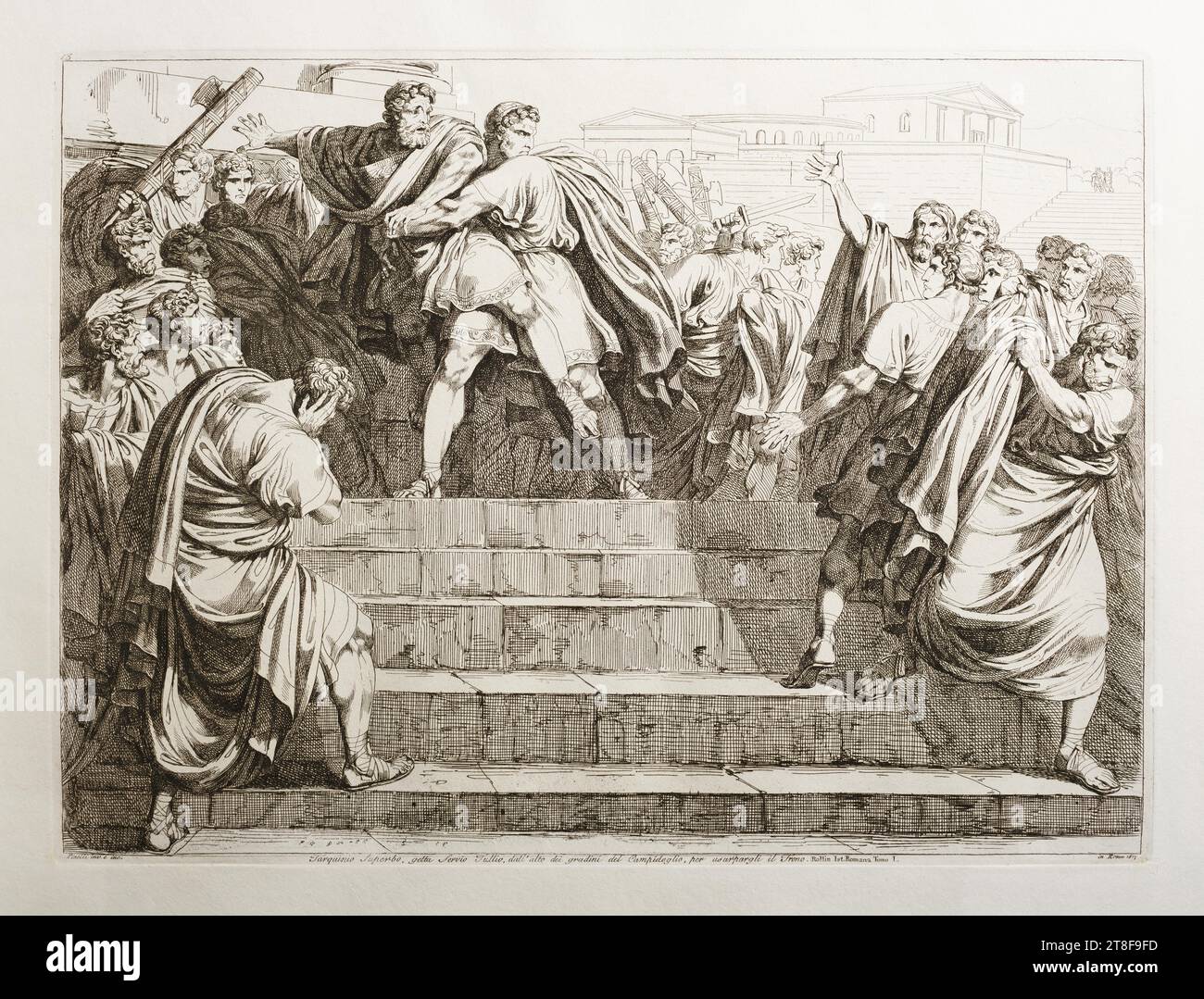 Tarquinius Superbus jette Servius Tullius dans les escaliers du Capitole, Bartolomeo Pinelli, 1781-1835, 1817, Art graphique, aquatinte, papier, couleur, encre d'imprimante, aquatinte, Printet, hauteur (format de la plaque) 316 mm, hauteur (format du papier) 443 mm, largeur (format de la plaque) 428 mm, largeur (format du papier) 605 mm, 13, Pinelli inv. e inc., Rome 1817, Tarquinio Superbo getta Servio Tullio, dall'alto dei gradini del Campidoglio per usurpargli il Trono. Rouleau IST. Romana Tomo I., Design graphique, européen, modernité (1800 - 1914), Italie, Latium, Rome Banque D'Images