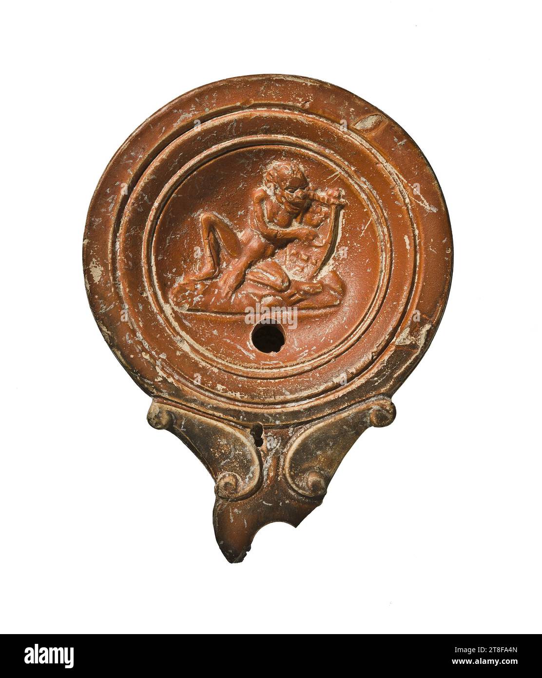 Lampe avec un Africain (?) Homme jouant de la lyre, 50 - 75, Meubles, lampe, feu, modelé, hauteur 9,9 cm, S, Poterie, céramique, romain, période impériale (27 av. J.-C. - 476 Banque D'Images