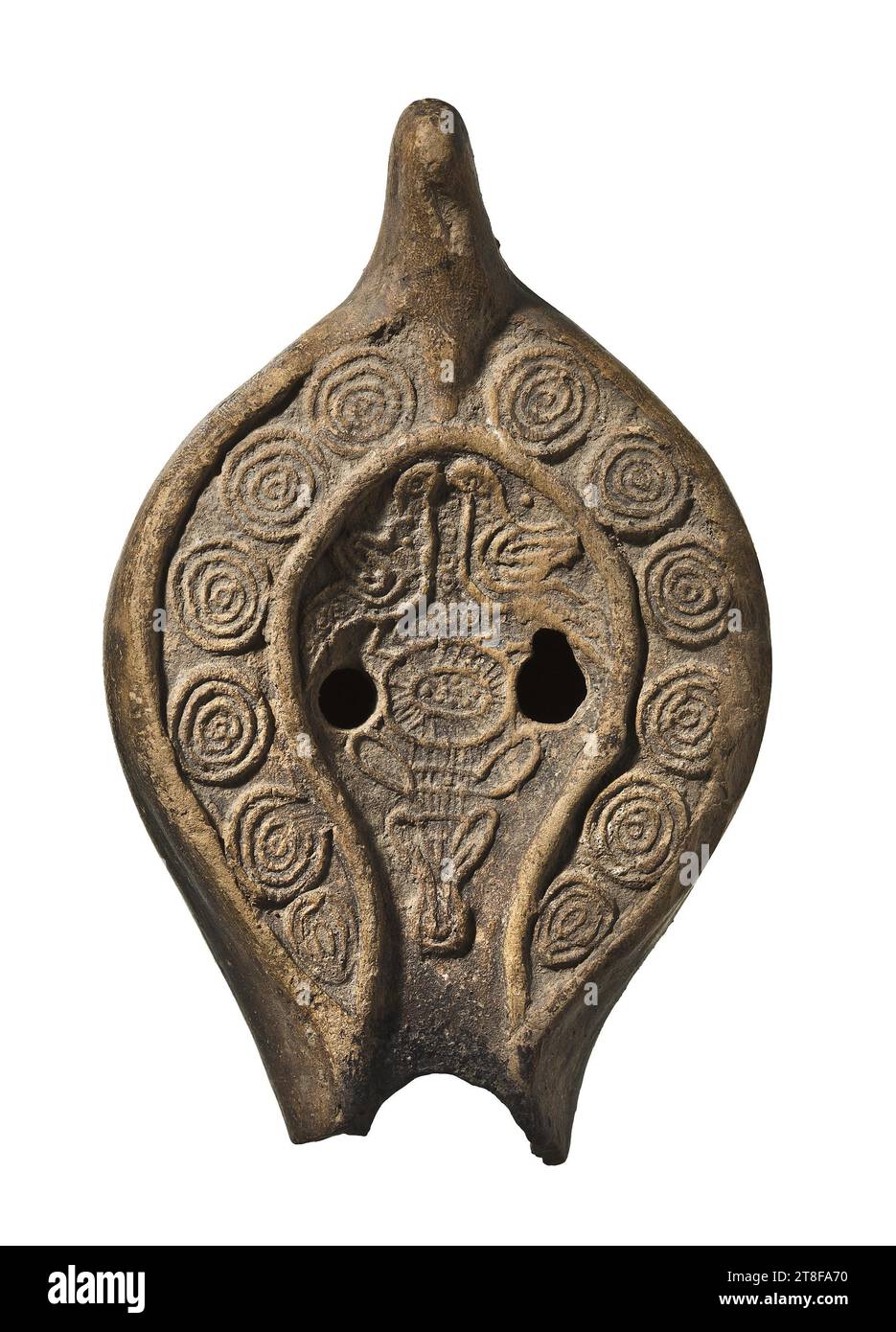 Lampe avec deux oiseaux au-dessus d'une fleur, 400 - 500, Meubles, lampe, feu, modelé, hauteur 10,6 cm, Poterie, céramique, Afrique du Nord, roman (753 av. J.-C. - 476 Banque D'Images