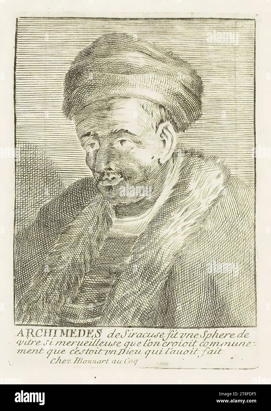 ARCHIMÈDE de Syracuse a fait une sphère de verre, si merveilleuse qu'on croyait communément que c'était un Dieu qui l'avait faite. Chez H Bonnart au Coq Banque D'Images
