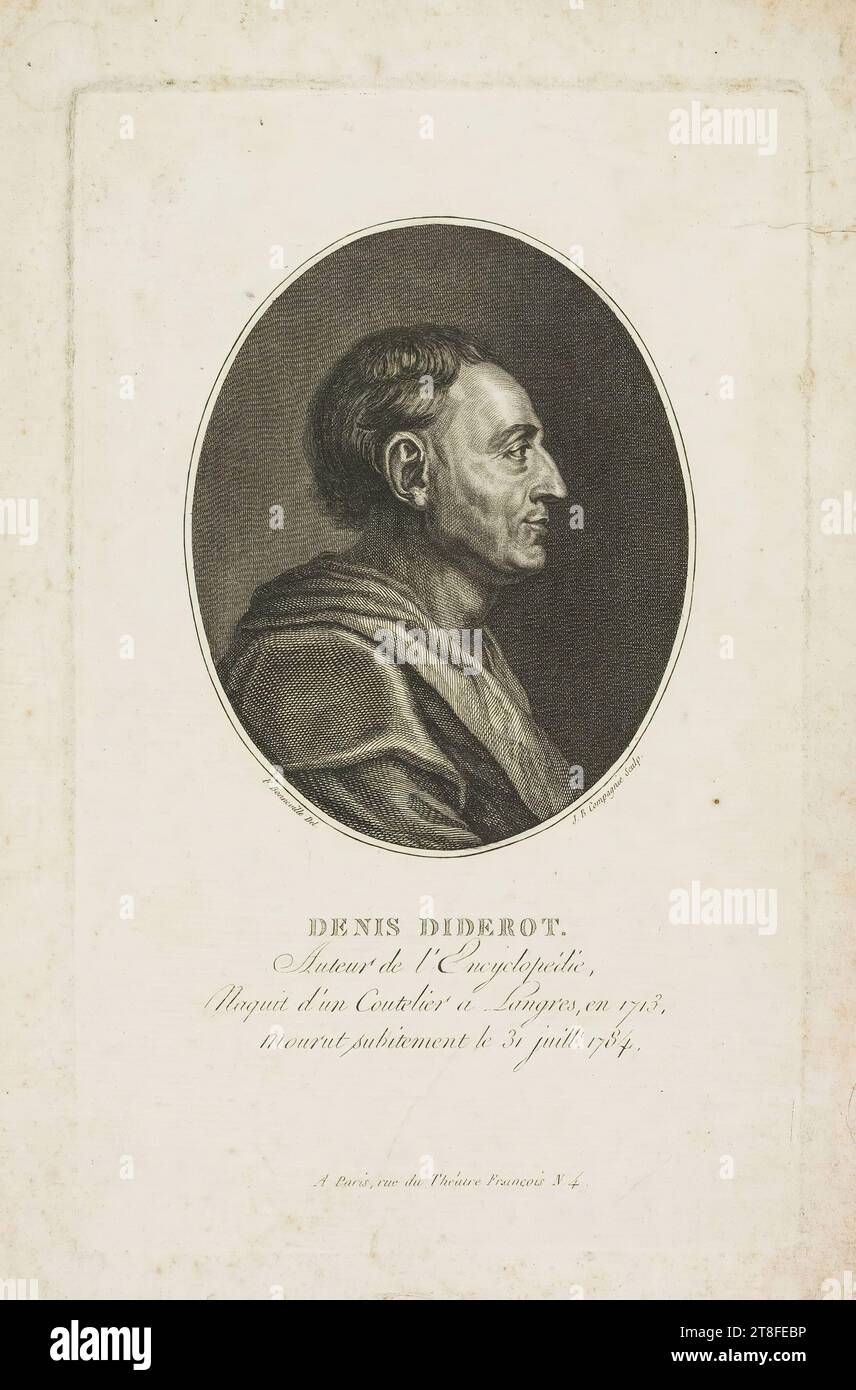 illustration de livre possible. F. Bonneville Del. J.B. Sculp Company. DENIS DIDEROT., auteur de l'Encyclopédie, Maquit d'un coutelier à Langres, en 1713, est décédé subitement le 31 juillet. 1784. À Paris, rue du Théatre François N. 4 Banque D'Images