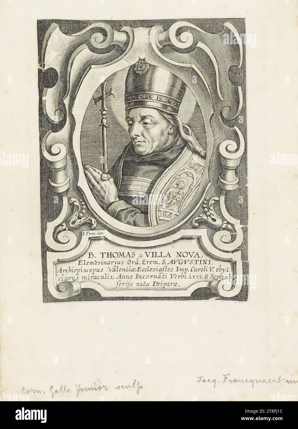 Possible graphiste Cornelis Galle Junior (1615-1678). I.Fran.inv. B. THOMAS de VILLA NOVA, Almsman Ord. J'étais S. AVGVSTINI, Archevêque de Valence, Ecclésiaste Imp. Charles V. obyt, ciarus miraculis, Anno Incarnati Verbi, i555, septembre 8, ferijs né à Deipar Banque D'Images